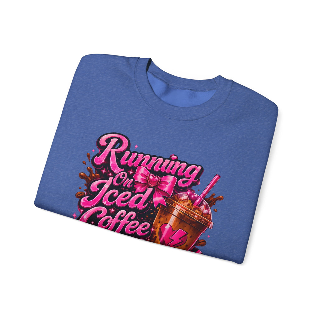 "Running On Iced Coffee" Graphic Cozy Coffee Lover — Pullover Crewneck Sweatshirt