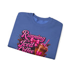 "Running On Iced Coffee" Graphic Cozy Coffee Lover — Pullover Crewneck Sweatshirt