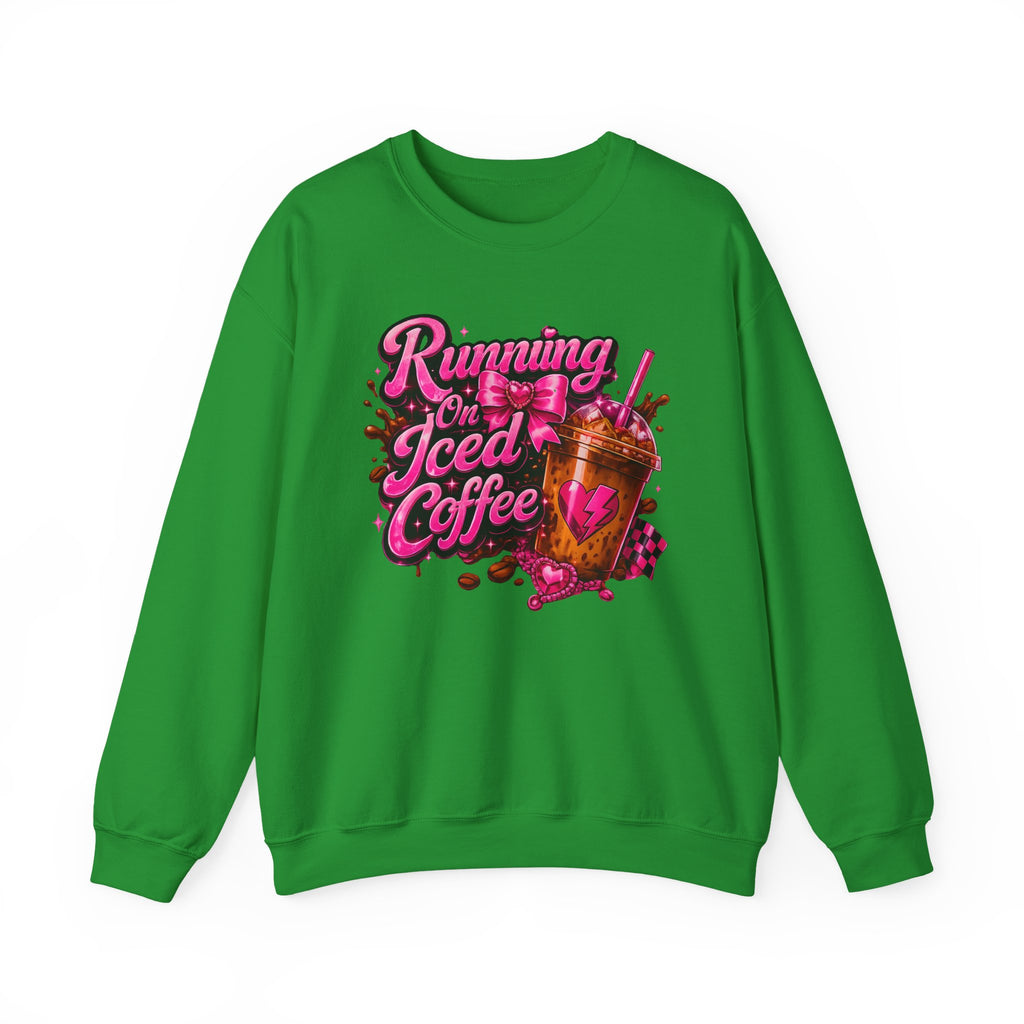 "Running On Iced Coffee" Graphic Cozy Coffee Lover — Pullover Crewneck Sweatshirt