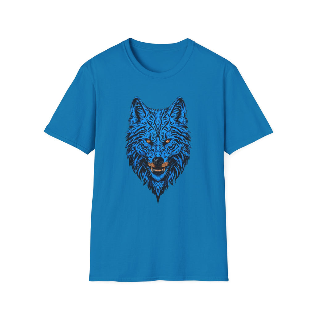 Blue Wolf Head T-Shirt – Stylized Tribal Wolf Graphic Tee