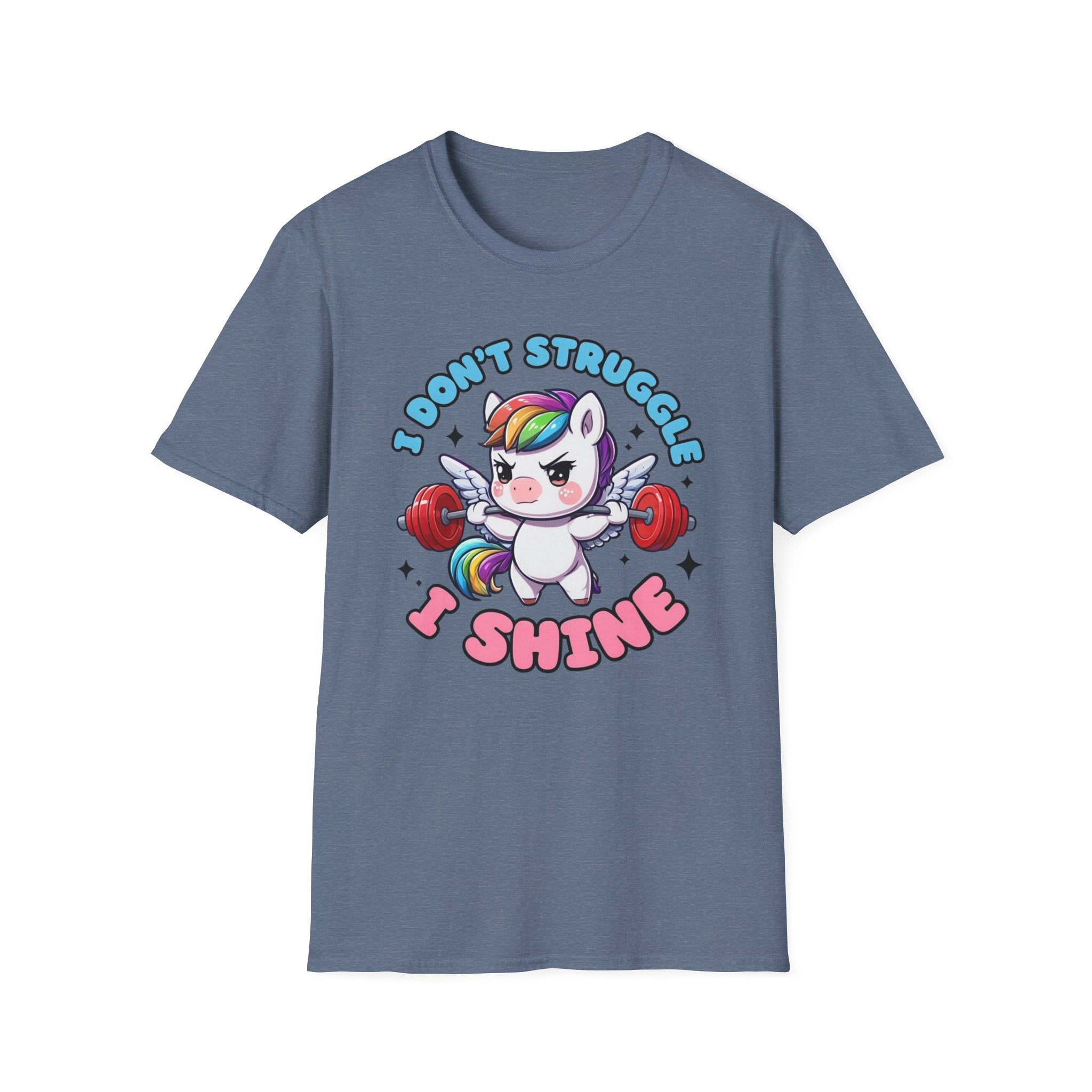 I Don’t Struggle I Shine Unicorn T-Shirt — Cute Rainbow Weightlifting Motivational Tee