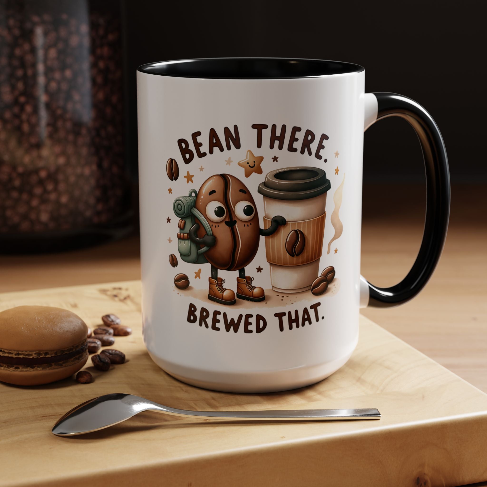 Bean There Brewed That Coffee Mug — Cute Coffee Bean & Cup Accent Mug (11/15oz)