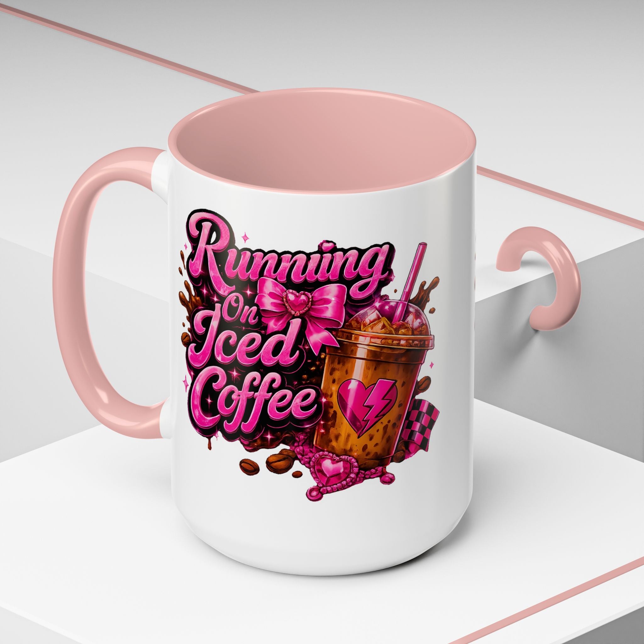 "Running on Iced Coffee" Pink Graphic Accent Mug (11/15oz) — Coffee Mug