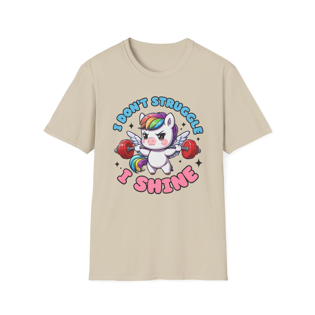 I Don’t Struggle I Shine Unicorn T-Shirt — Cute Rainbow Weightlifting Motivational Tee