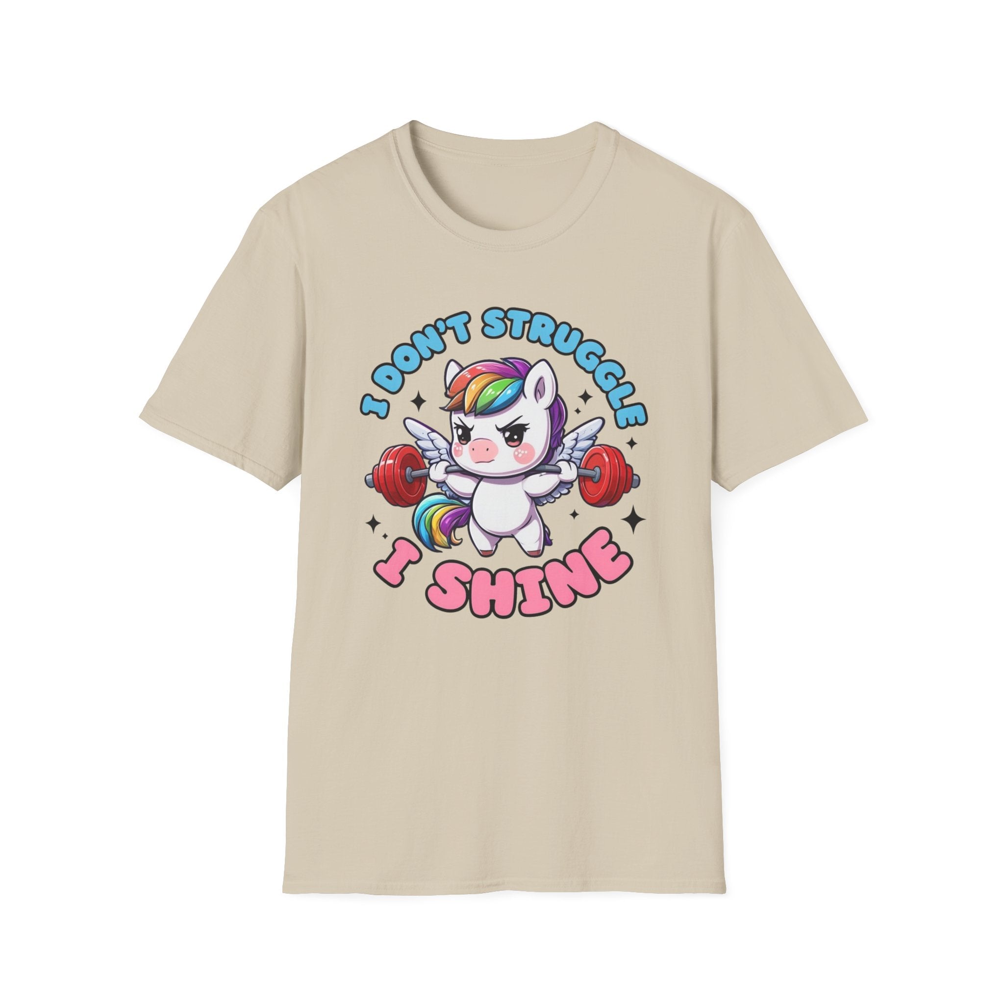 I Don’t Struggle I Shine Unicorn T-Shirt — Cute Rainbow Weightlifting Motivational Tee