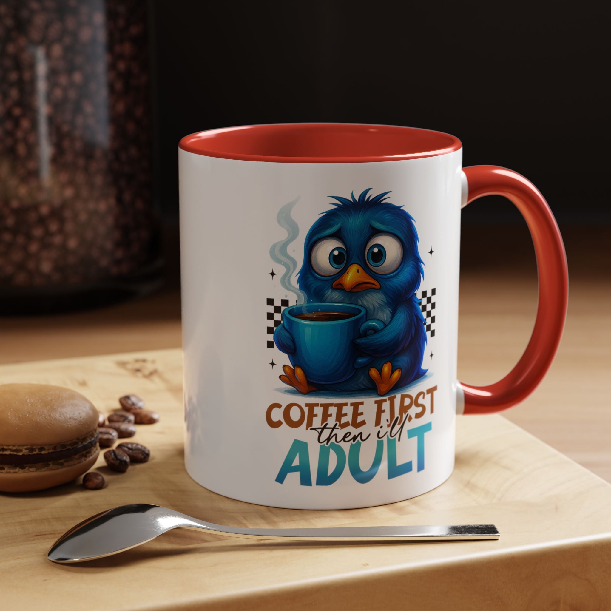 "Coffee First, Then I’ll Adult" Cute Blue Bird Accent Mug —  Coffee Mug