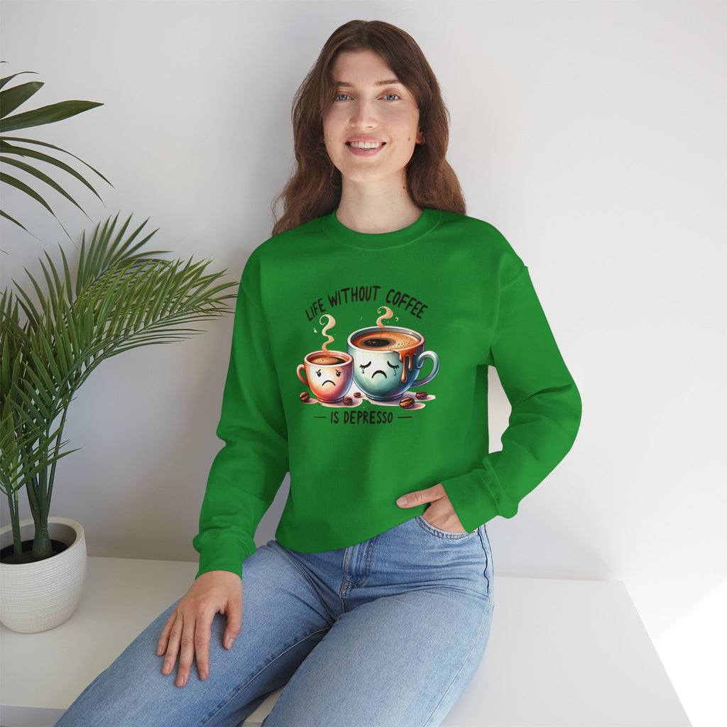 "Life Without Coffee Is Depresso" Cute Cafe Graphic — Coffee Crewneck Sweatshirt