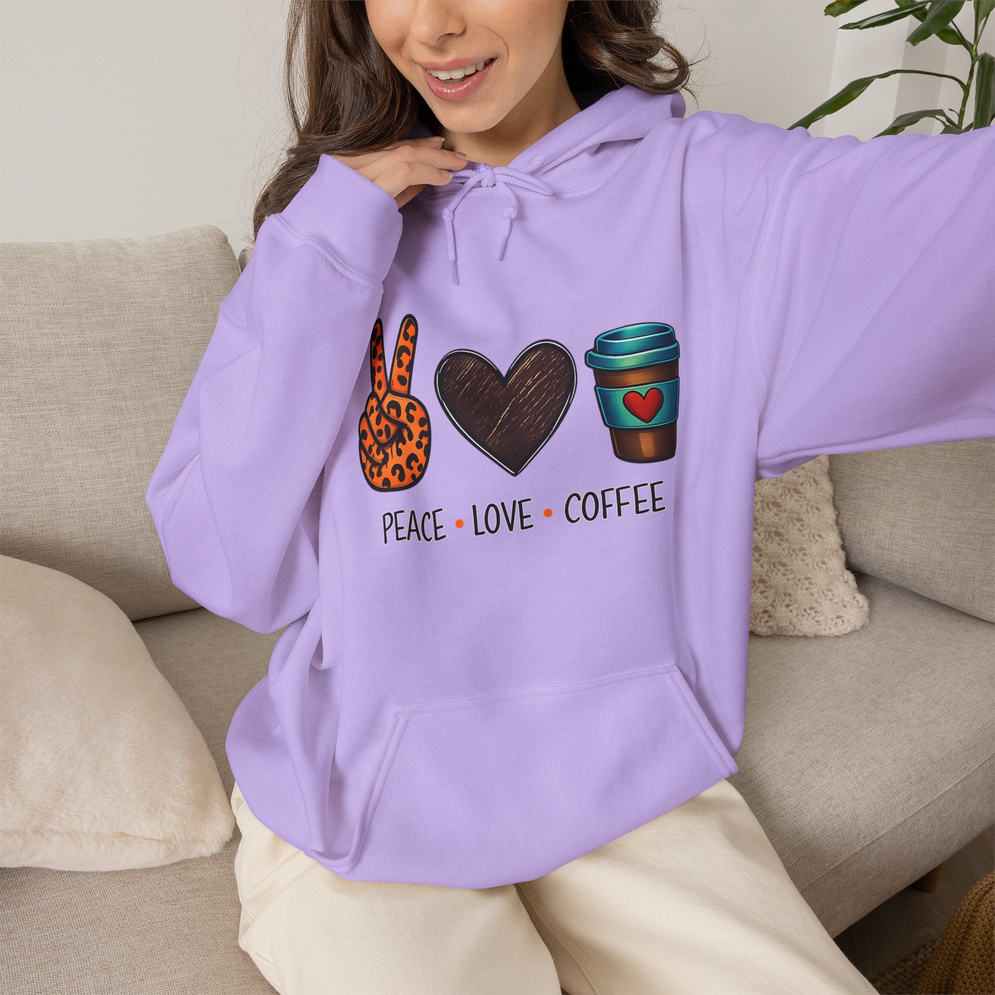 Peace • Love • Coffee Hoodie — Leopard Peace Sign & Coffee Cup Graphic Sweatshirt