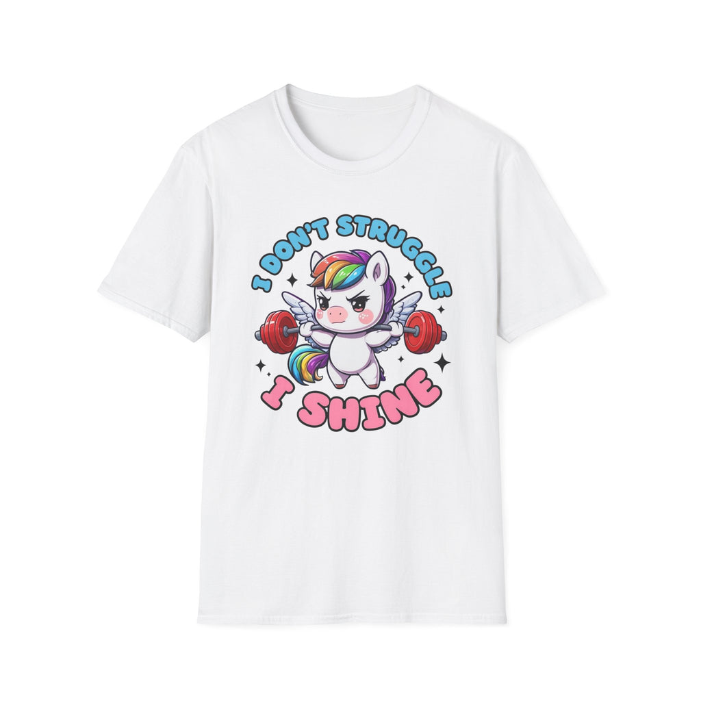 I Don’t Struggle I Shine Unicorn T-Shirt — Cute Rainbow Weightlifting Motivational Tee
