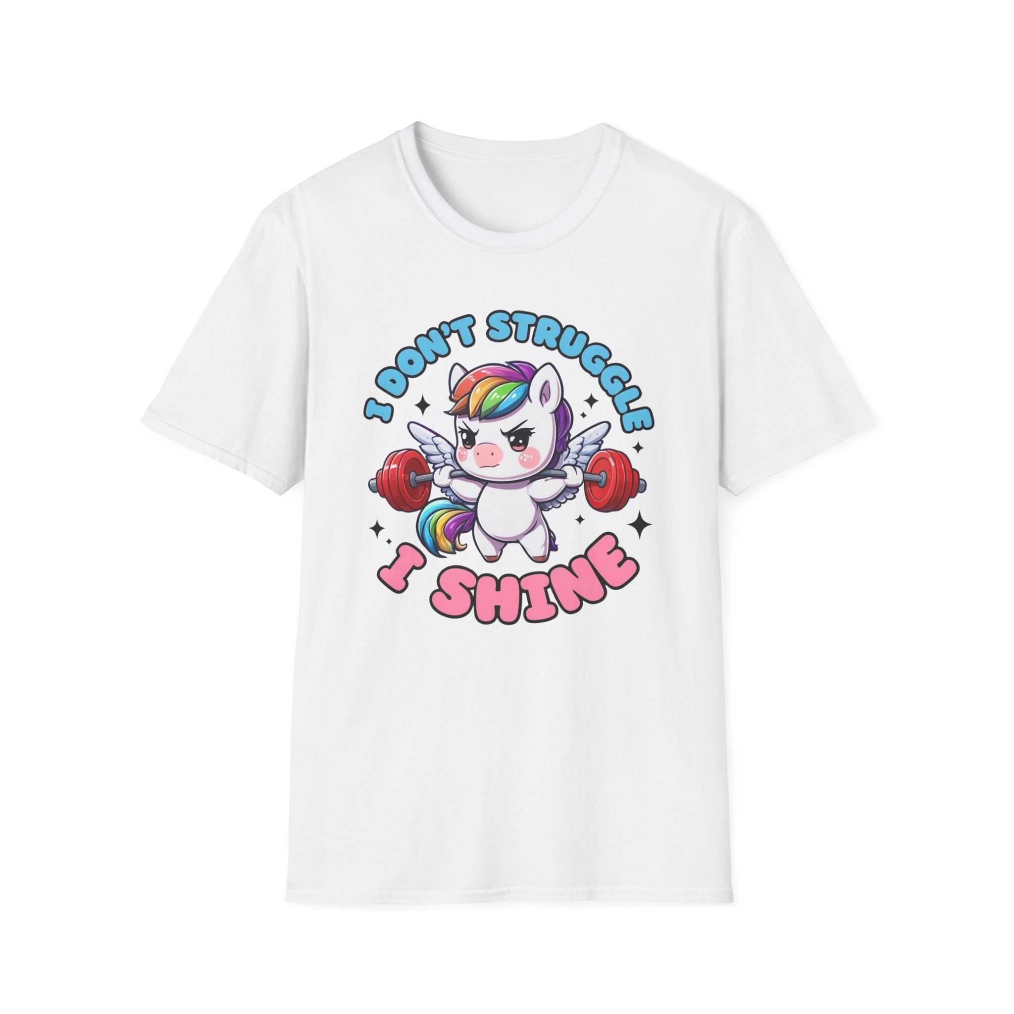 I Don’t Struggle I Shine Unicorn T-Shirt — Cute Rainbow Weightlifting Motivational Tee