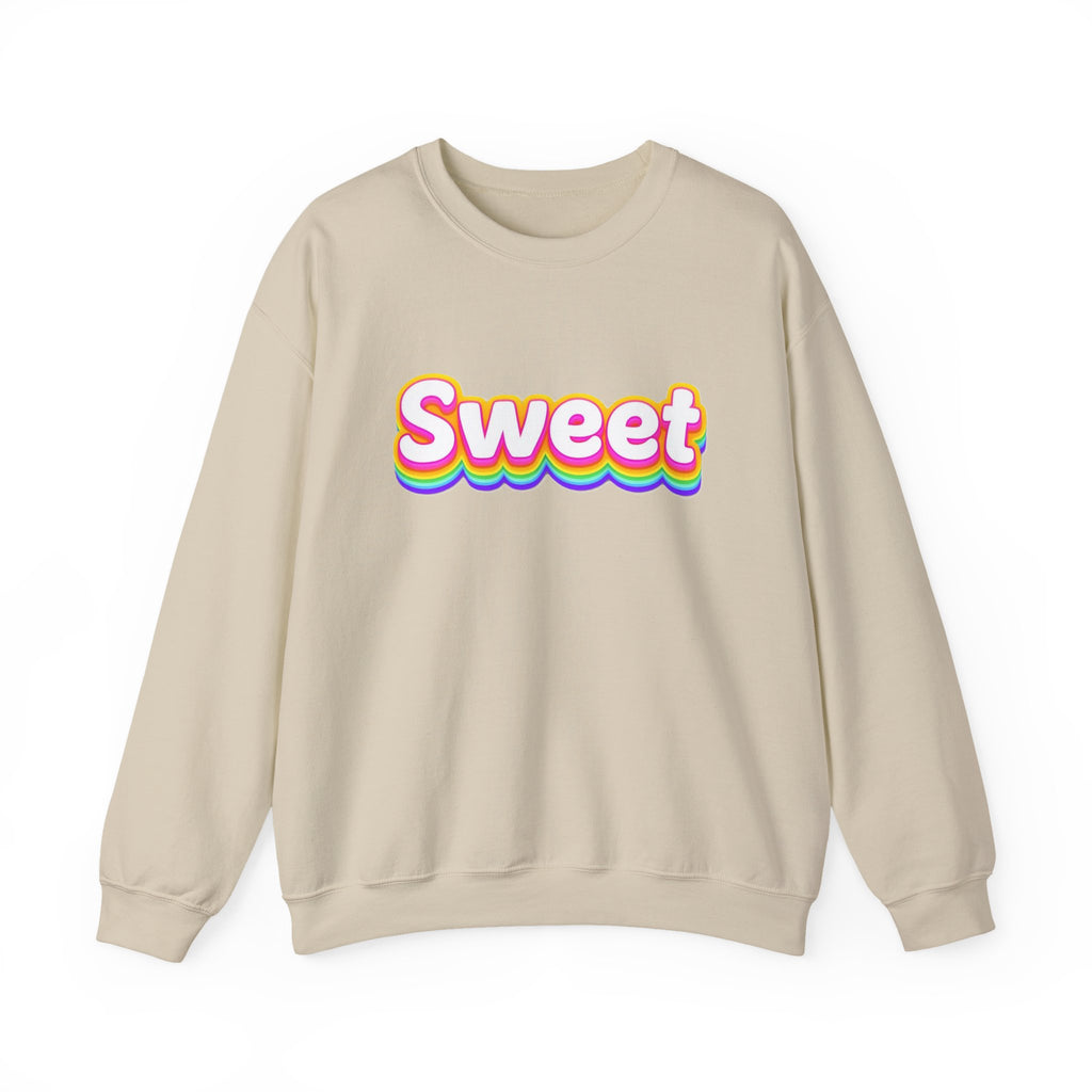 Sweet Rainbow Crewneck Sweatshirt — Retro Colorful "Sweet" Graphic