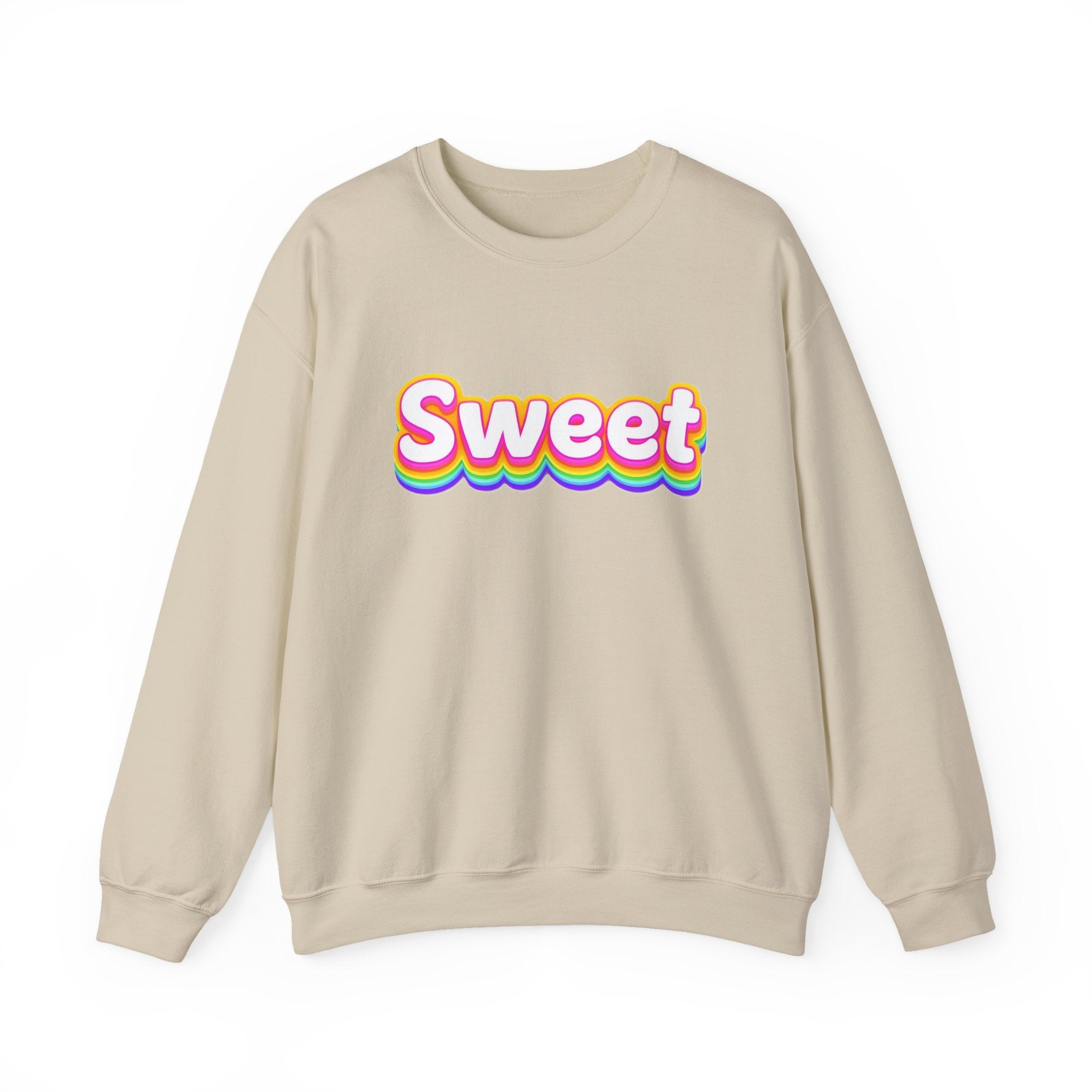 Sweet Rainbow Crewneck Sweatshirt — Retro Colorful "Sweet" Graphic