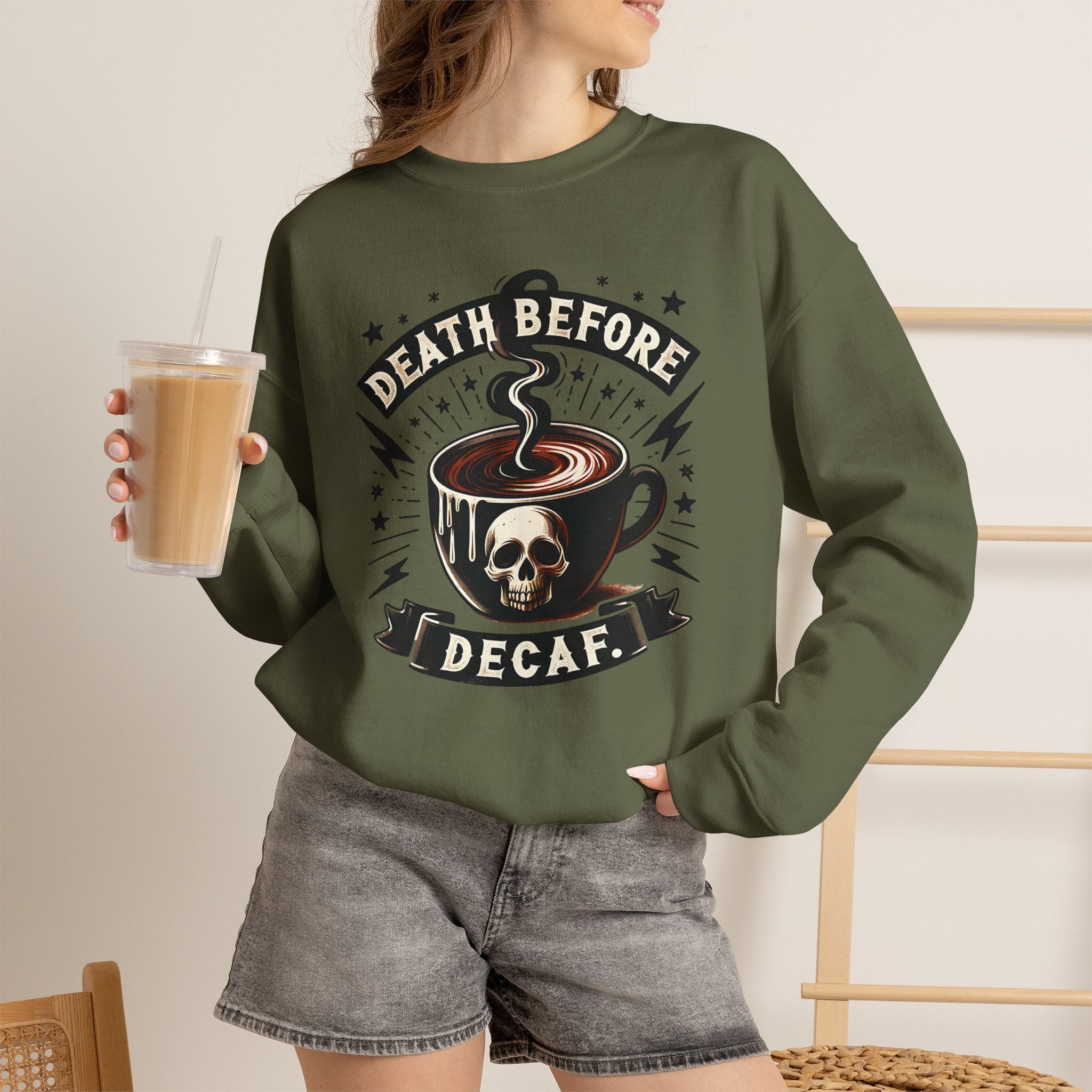 Crewneck Sweatshirt — "Death Before Decaf" Coffee Skull Graphic