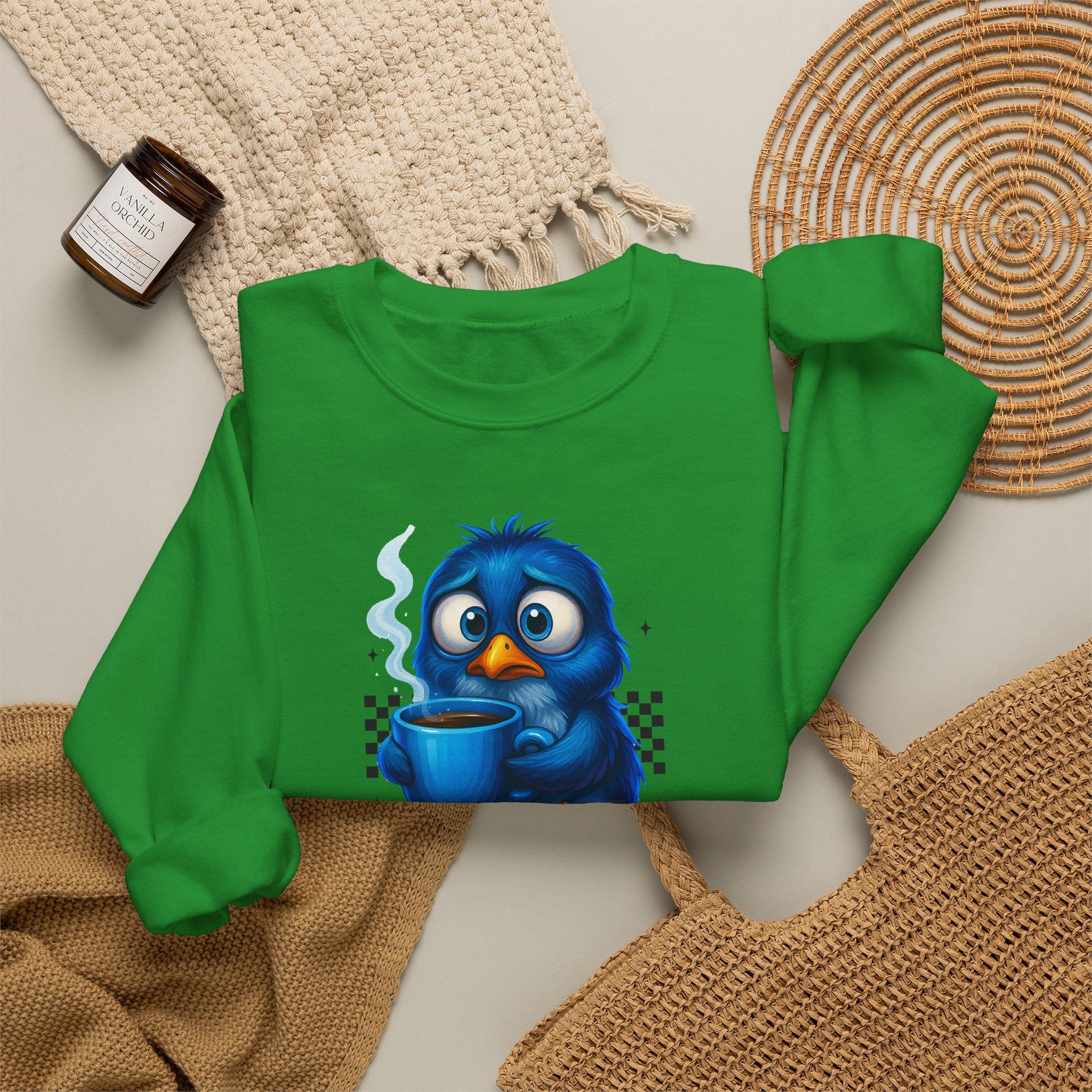 Coffee First Adult Sweatshirt — Cute Blue Bird Coffee Crewneck
