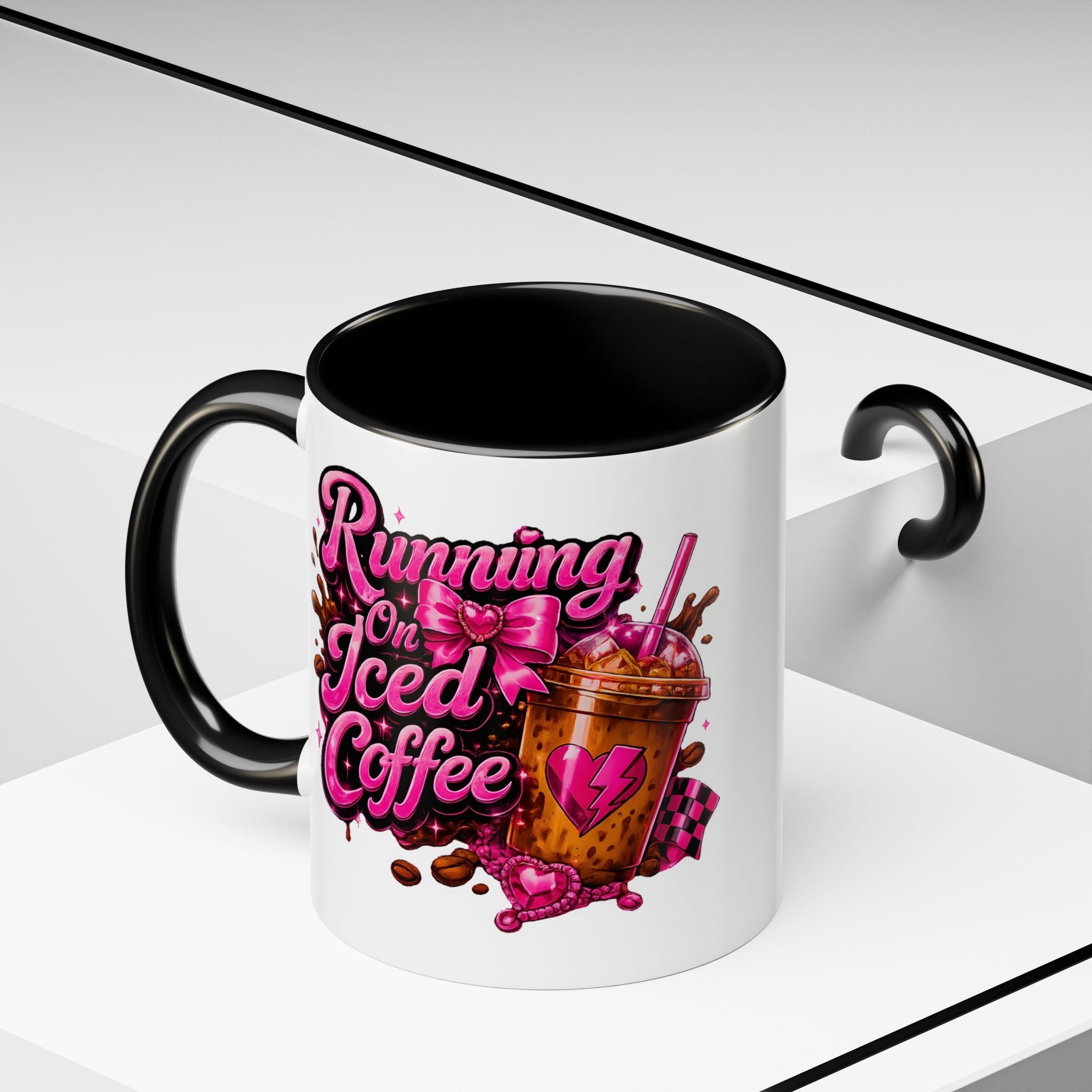 "Running on Iced Coffee" Pink Graphic Accent Mug (11/15oz) — Coffee Mug