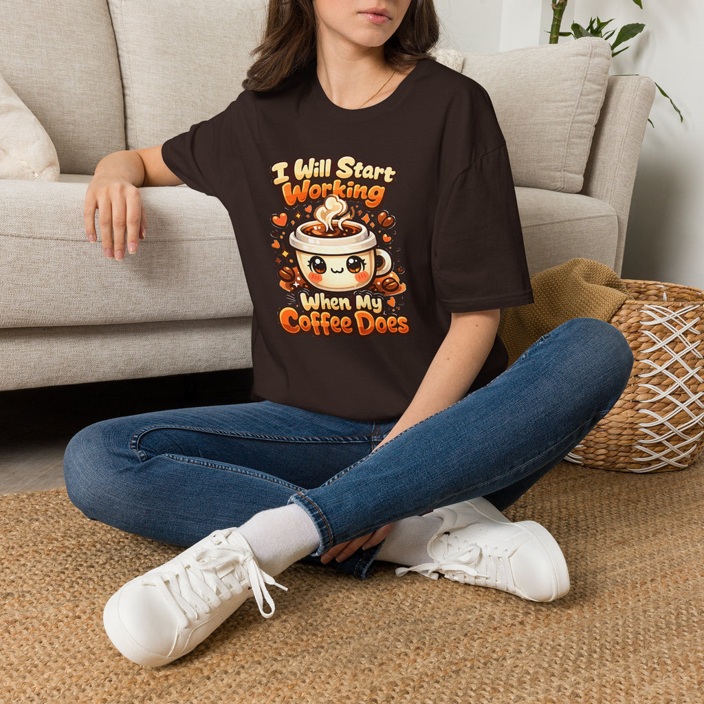 “I Will Start Working When My Coffee Does” Cute Kawaii Coffee Shirt — Coffee T‑Shirt