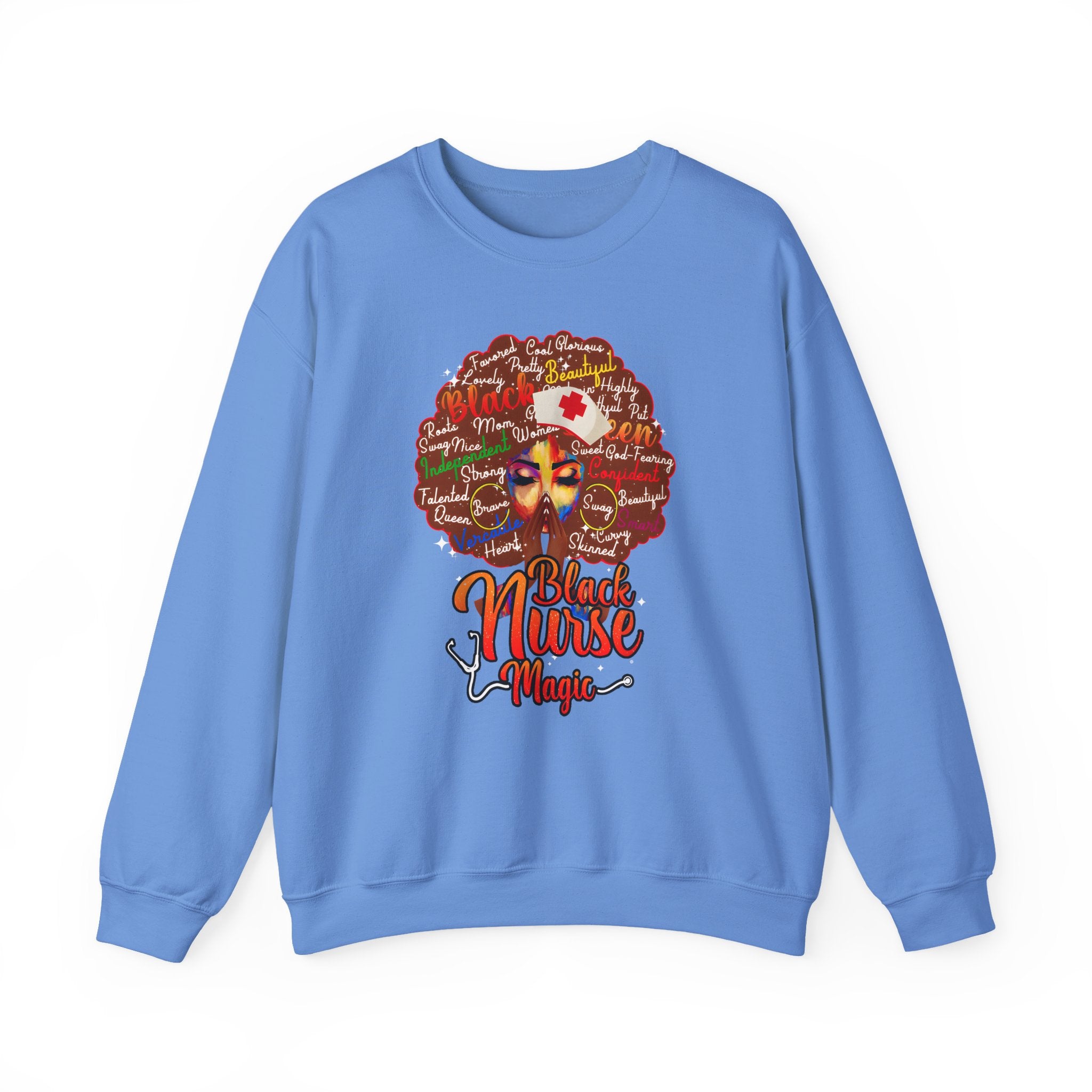 Black Nurse Magic Crewneck Sweatshirt — Brown Afro Nurse Heartbeat Design