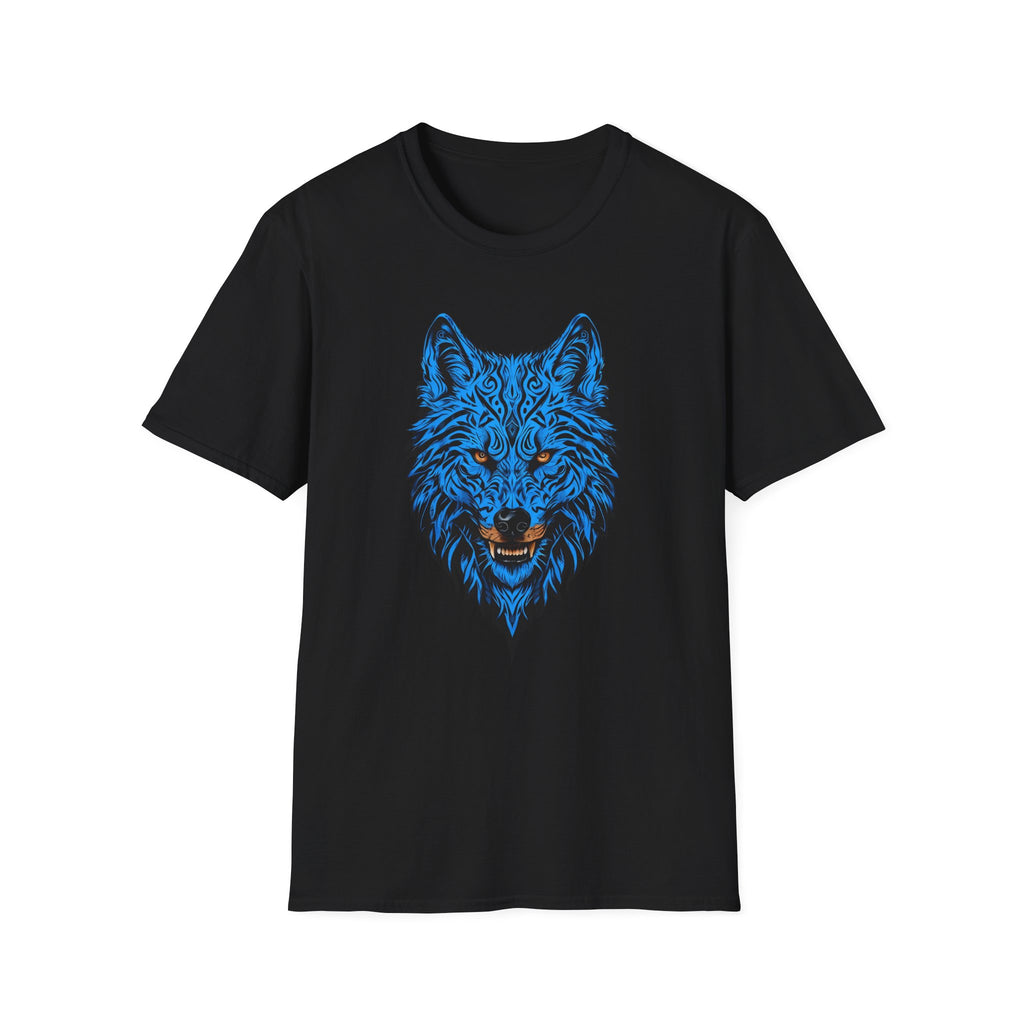 Blue Wolf Head T-Shirt – Stylized Tribal Wolf Graphic Tee