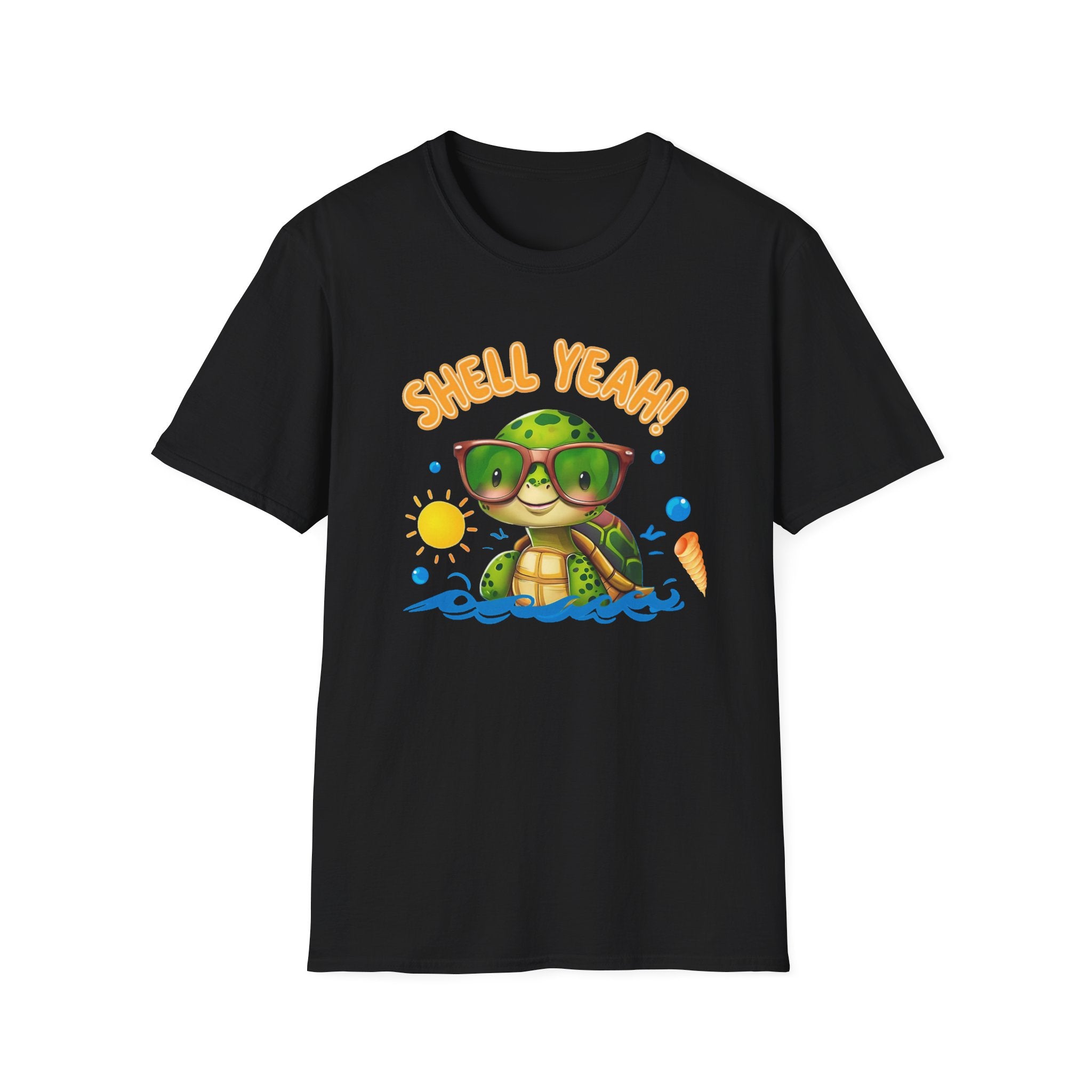 Shell Yeah Turtle T-Shirt — Cute Summer Beach Tee with Sunglasses & Surfboard