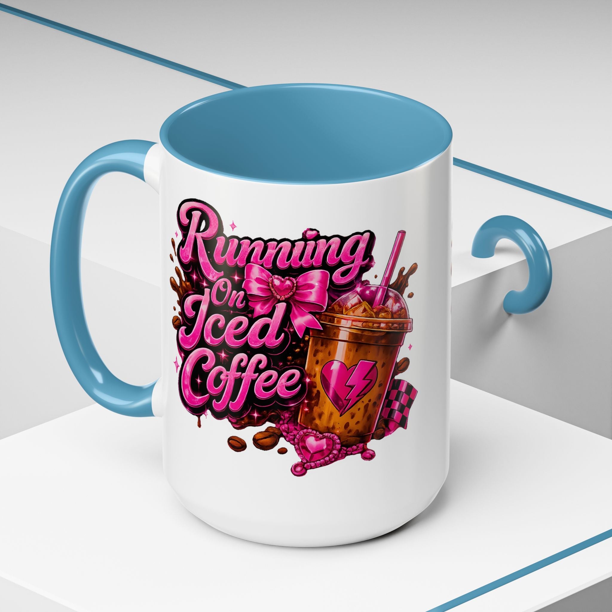 "Running on Iced Coffee" Pink Graphic Accent Mug (11/15oz) — Coffee Mug
