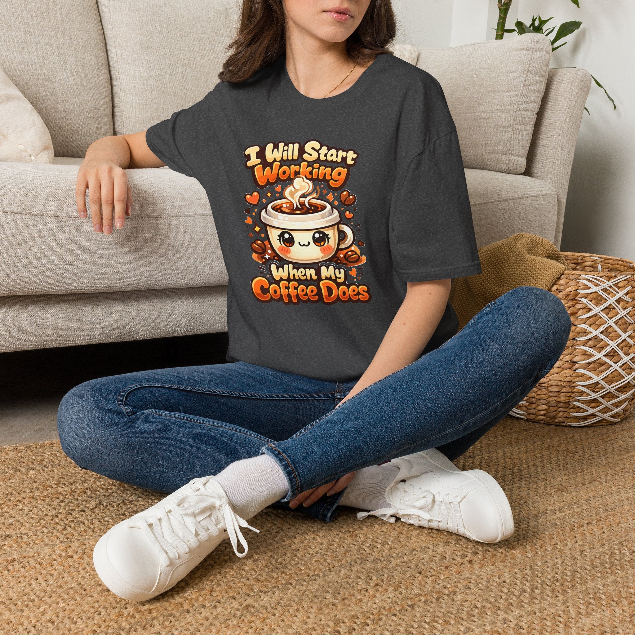“I Will Start Working When My Coffee Does” Cute Kawaii Coffee Shirt — Coffee T‑Shirt