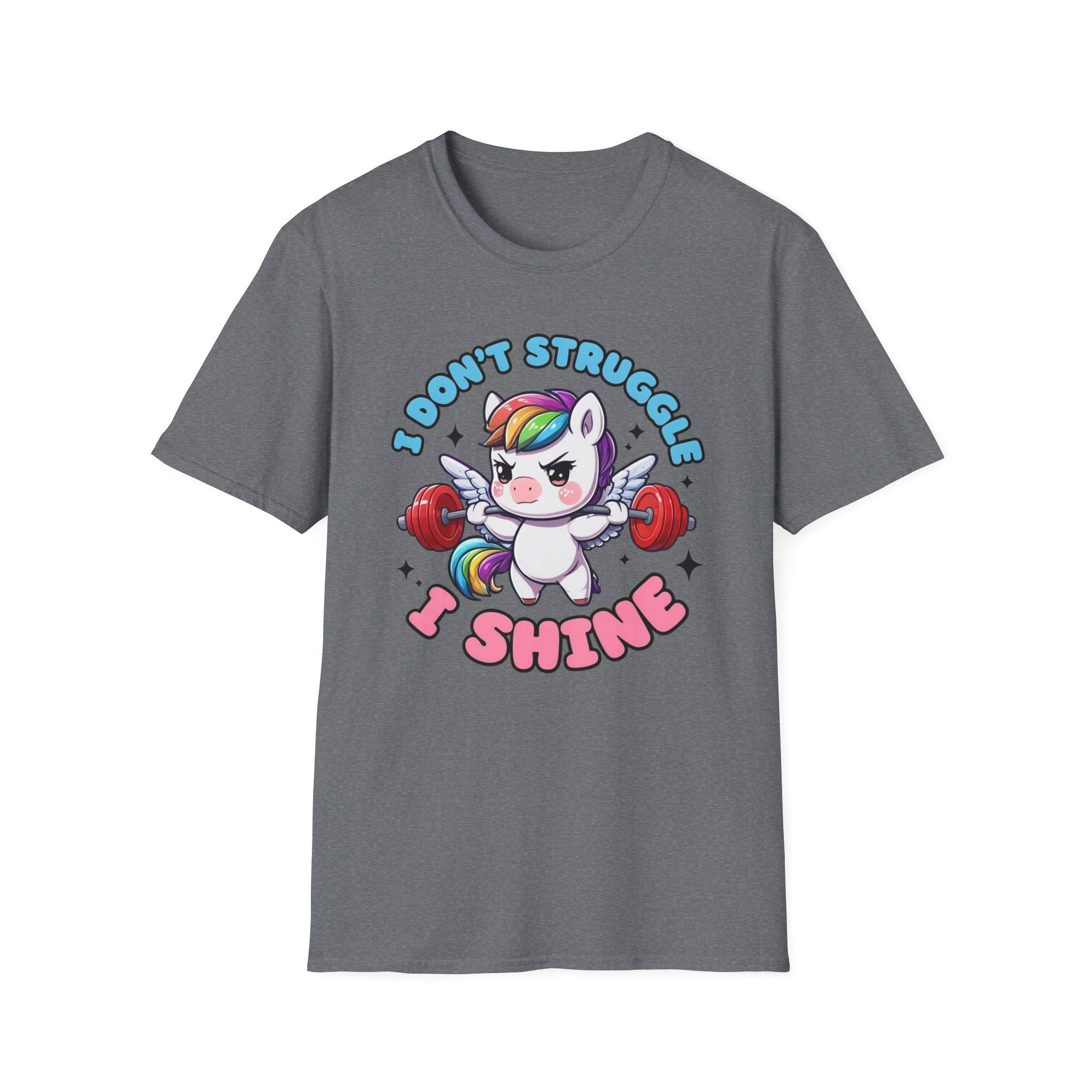 I Don’t Struggle I Shine Unicorn T-Shirt — Cute Rainbow Weightlifting Motivational Tee