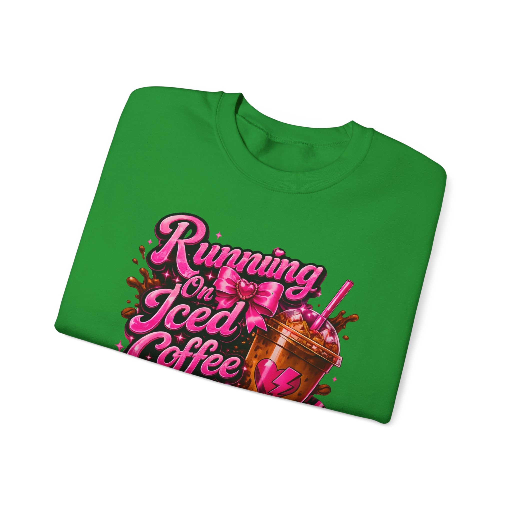 "Running On Iced Coffee" Graphic Cozy Coffee Lover — Pullover Crewneck Sweatshirt