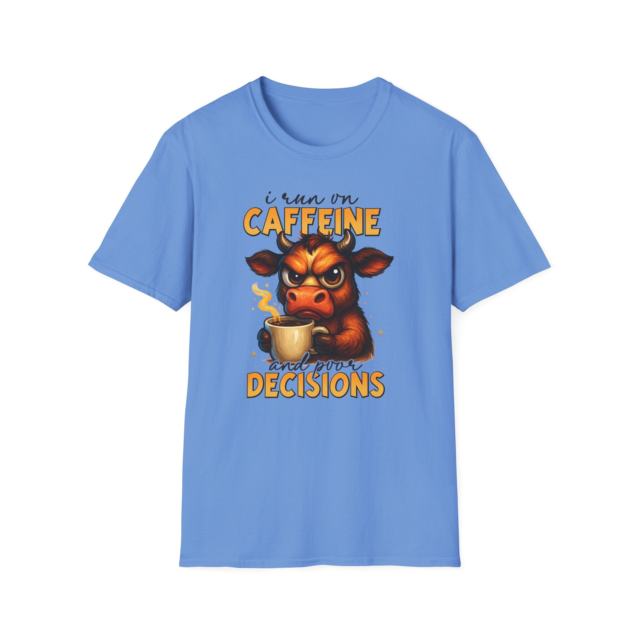 "I Run on Caffeine & Bad Decisions" Coffee Lover Tee — Caffeine Cow T-Shirt