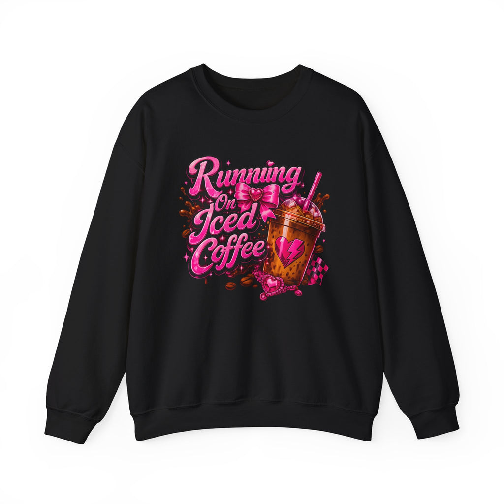 "Running On Iced Coffee" Graphic Cozy Coffee Lover — Pullover Crewneck Sweatshirt