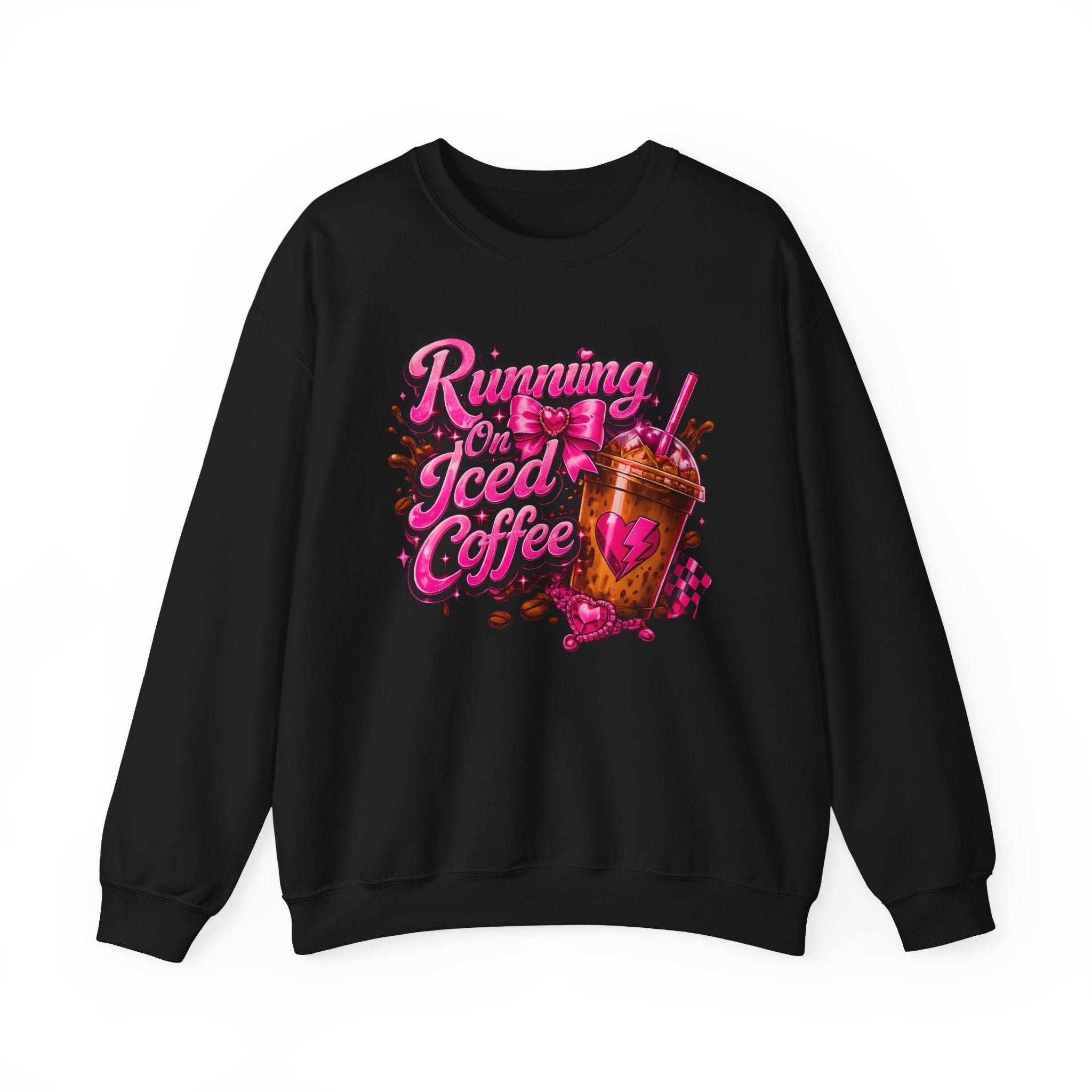 "Running On Iced Coffee" Graphic Cozy Coffee Lover — Pullover Crewneck Sweatshirt