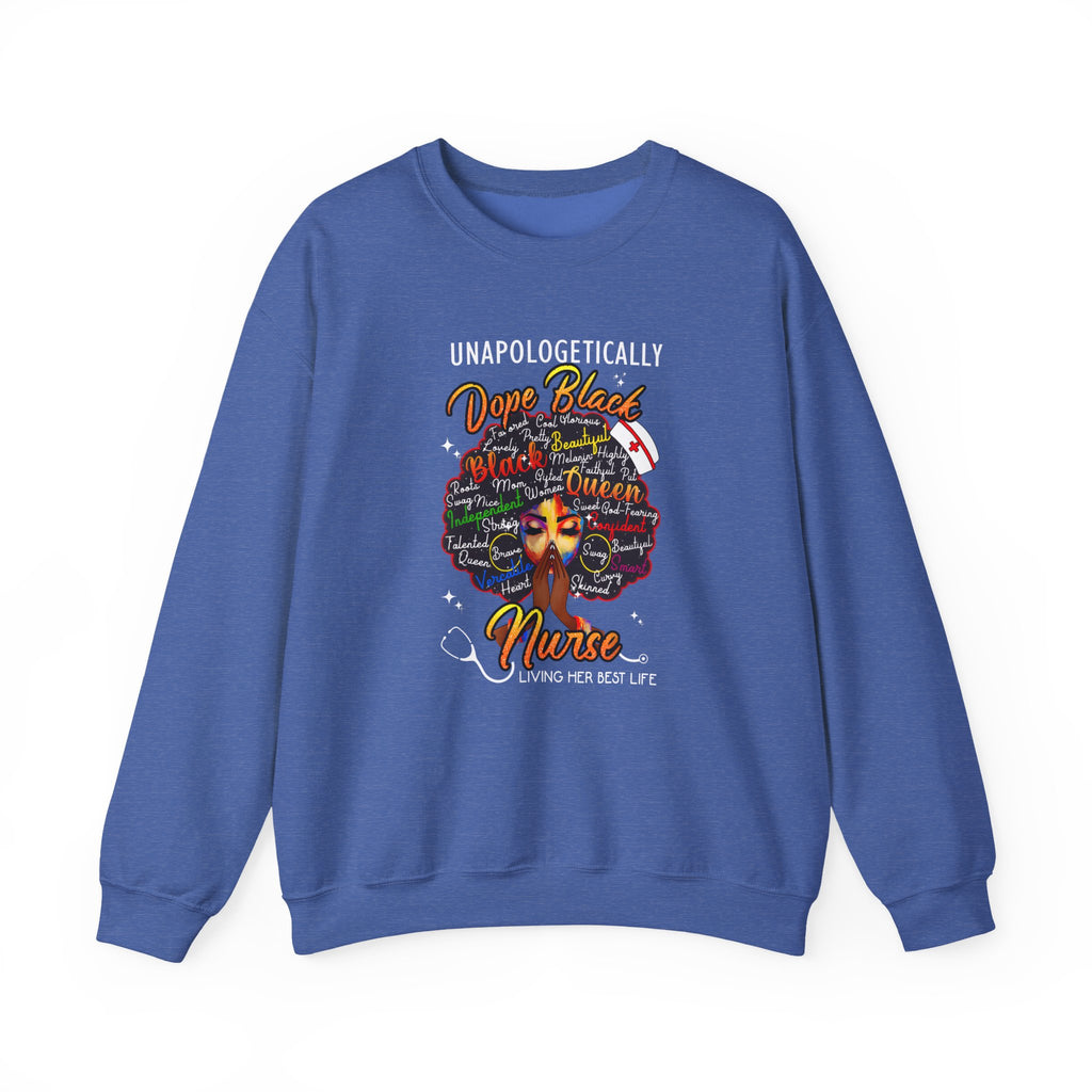 Dope Black Nurse Crewneck Sweatshirt – "Nurse Living Her Best Life" Graphic Black Afro