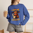 Caffeine-Fueled Cow Sweatshirt — "I Run on Caffeine and Questionable Decisions" Cozy Crewneck