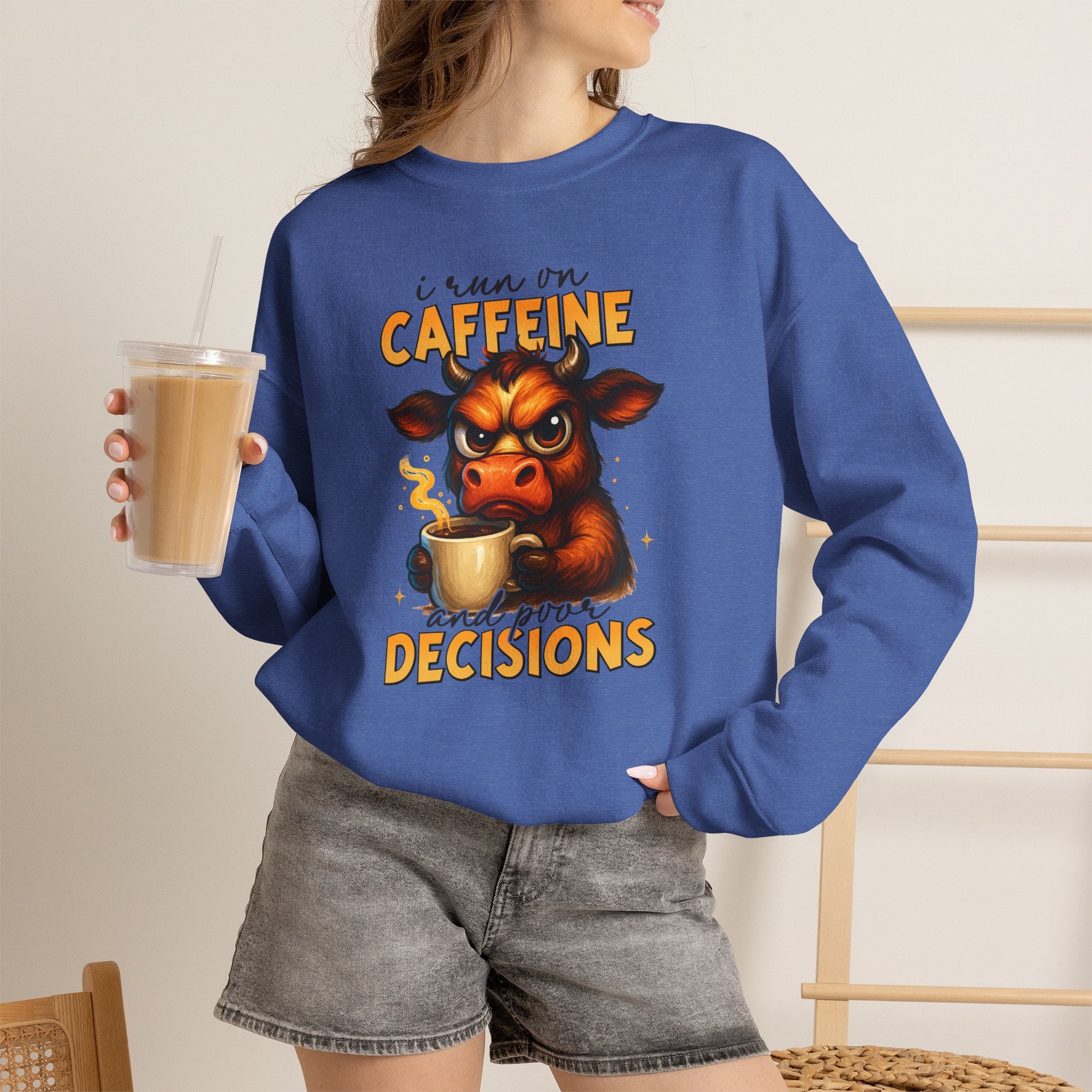Caffeine-Fueled Cow Sweatshirt — "I Run on Caffeine and Questionable Decisions" Cozy Crewneck