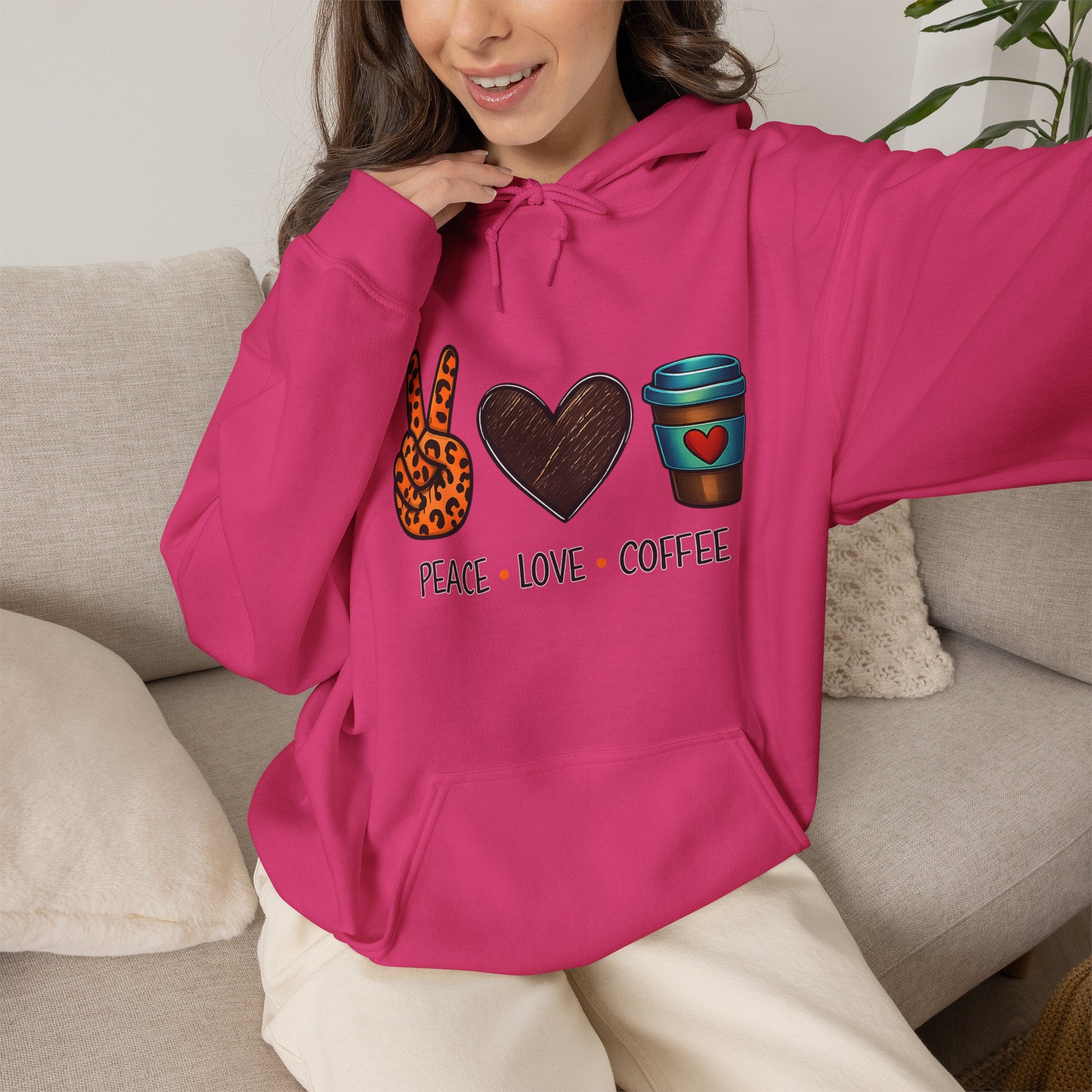 Peace • Love • Coffee Hoodie — Leopard Peace Sign & Coffee Cup Graphic Sweatshirt