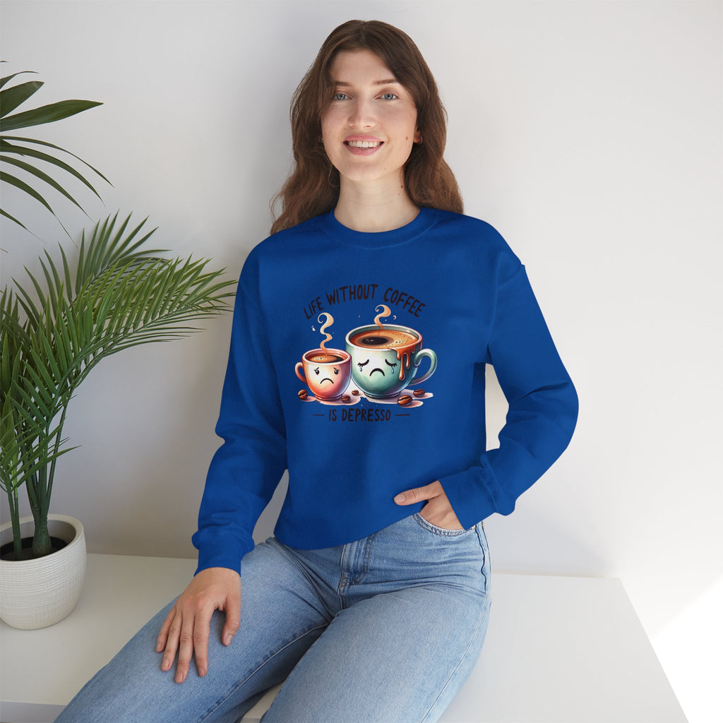 "Life Without Coffee Is Depresso" Cute Cafe Graphic — Coffee Crewneck Sweatshirt