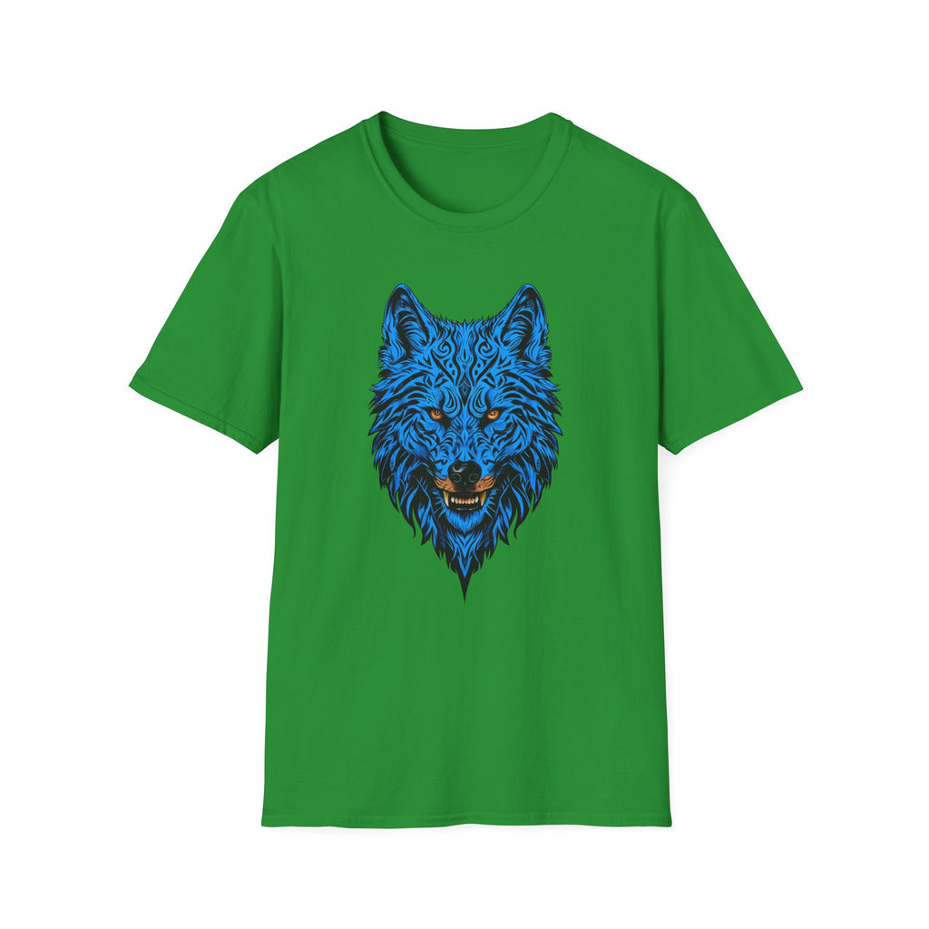 Blue Wolf Head T-Shirt – Stylized Tribal Wolf Graphic Tee