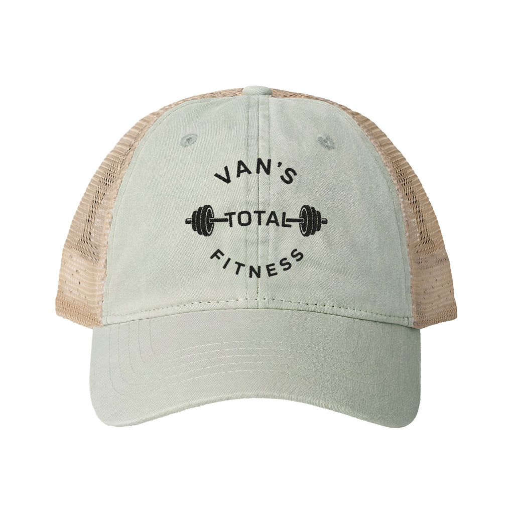 Embroidered "Van's Total Fitness" Barbell Washed Mesh-Ponytail Back Cap