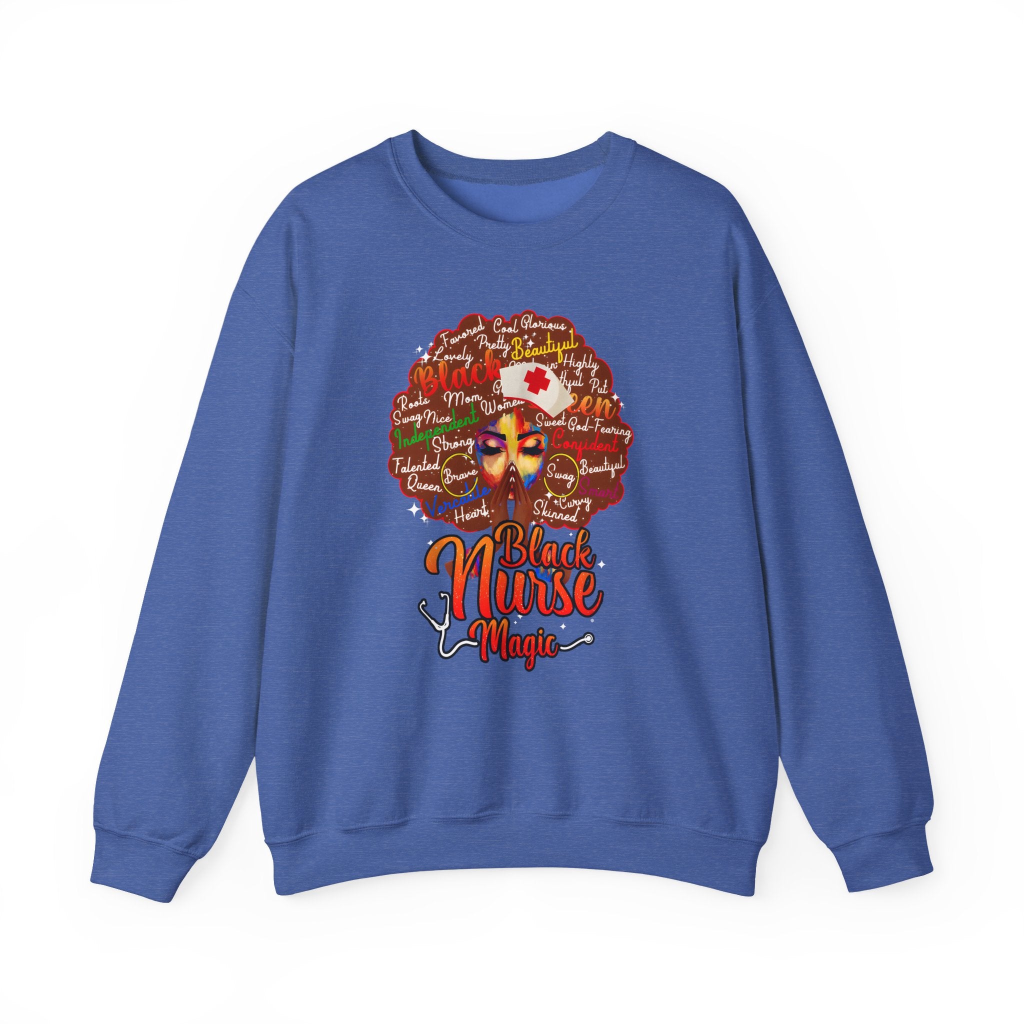 Black Nurse Magic Crewneck Sweatshirt — Brown Afro Nurse Heartbeat Design