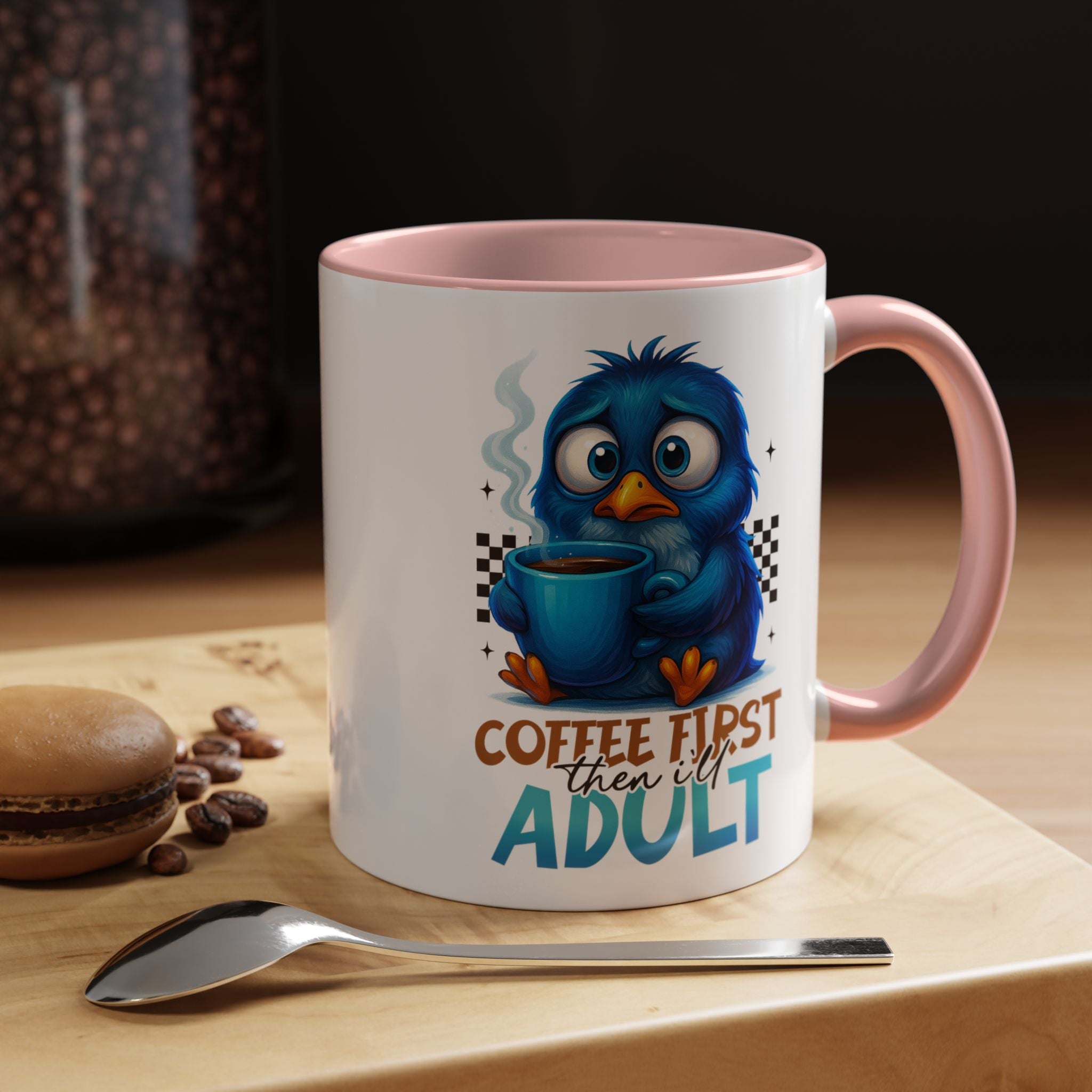 "Coffee First, Then I’ll Adult" Cute Blue Bird Accent Mug —  Coffee Mug