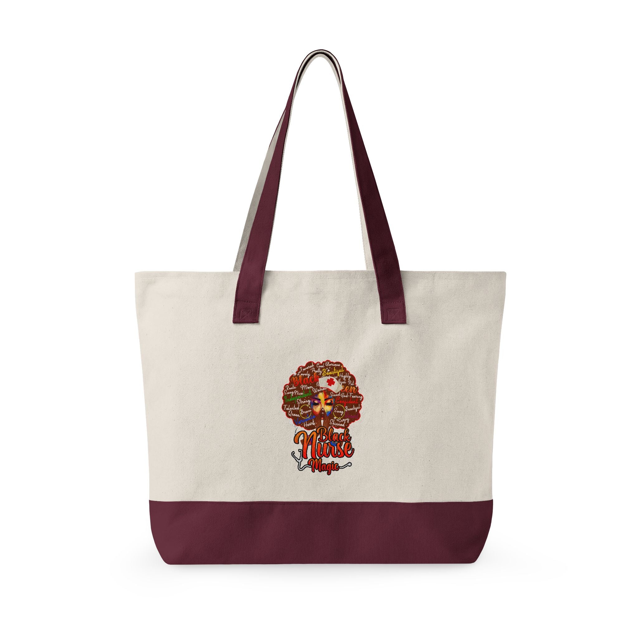 Black Nurse Magic w/Brown Afro Canvas Tote — Zippered Floral Calavera Bag