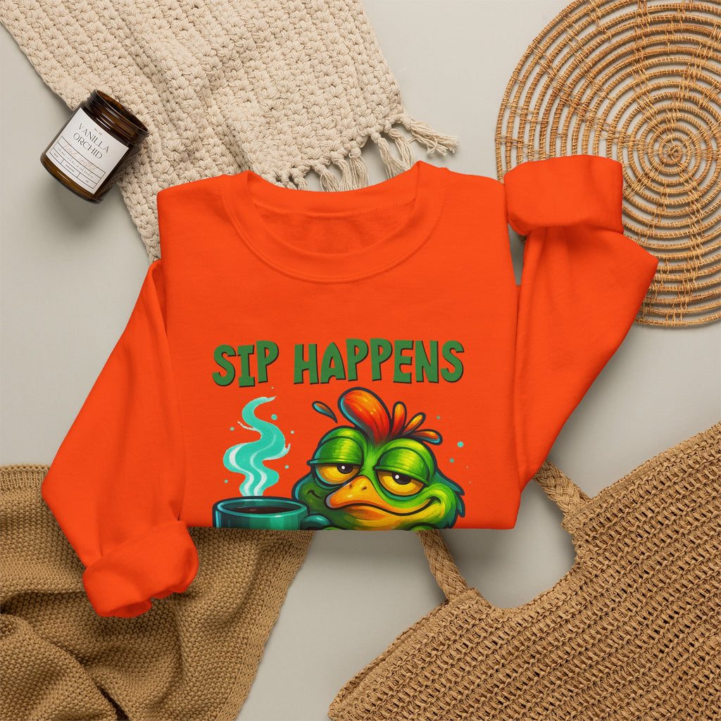 Sip Happens Sweatshirt — Funny Frog Coffee Crewneck