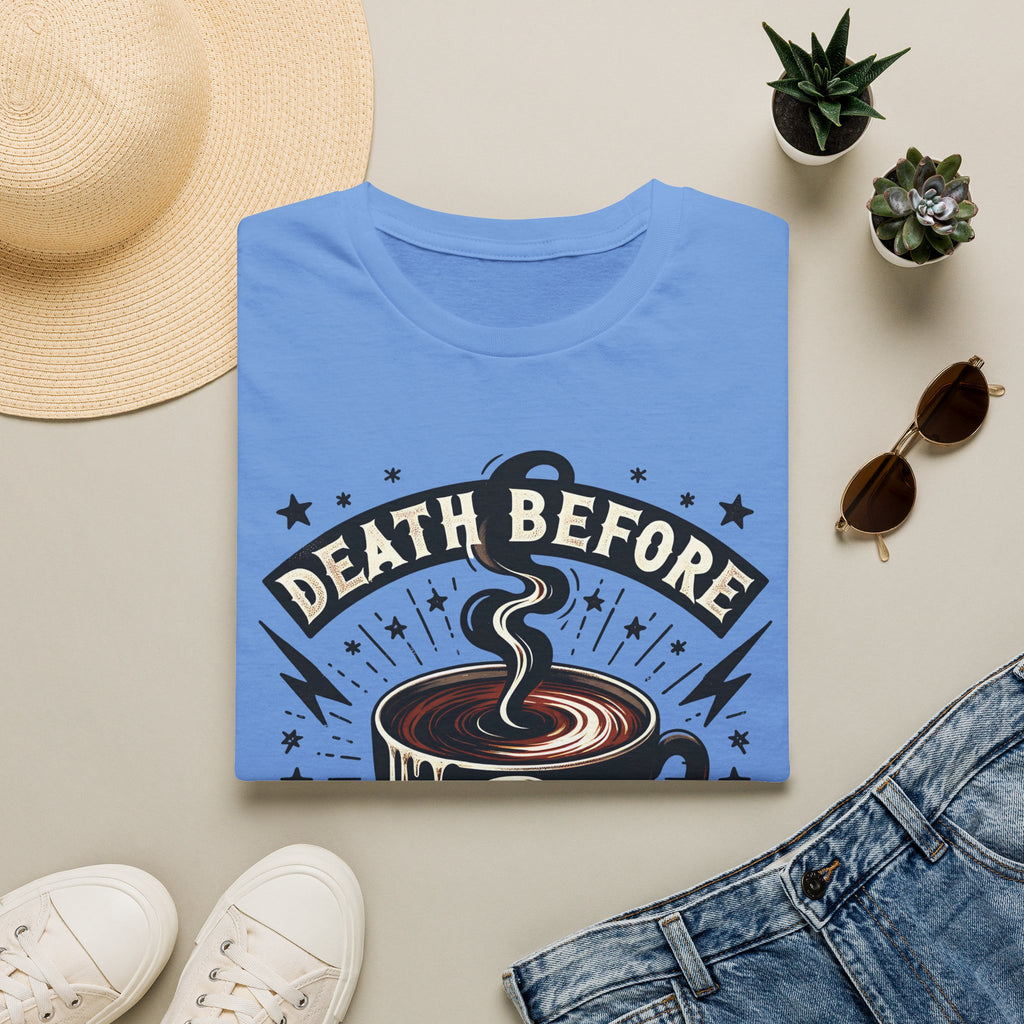 Death Before Decaf Coffee T-Shirt — Bold Skull Coffee Lover Tee