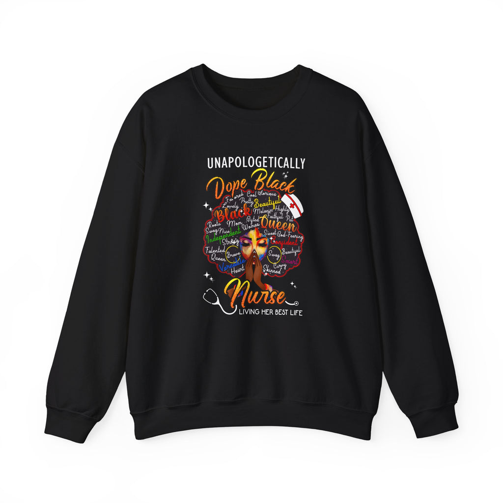 Dope Black Nurse Crewneck Sweatshirt – "Nurse Living Her Best Life" Graphic Black Afro