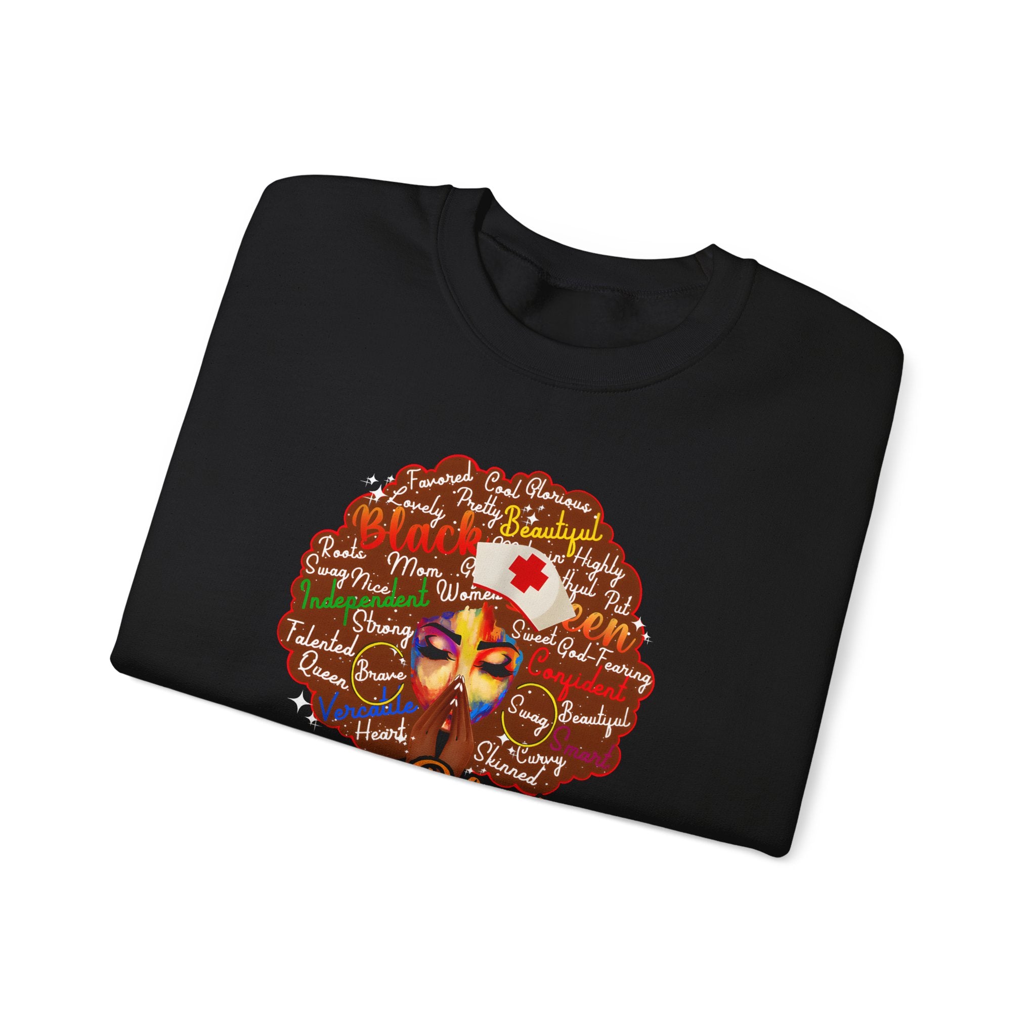 Black Nurse Magic Crewneck Sweatshirt — Brown Afro Nurse Heartbeat Design