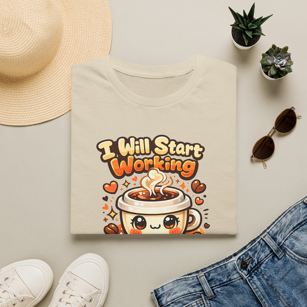 “I Will Start Working When My Coffee Does” Cute Kawaii Coffee Shirt — Coffee T‑Shirt