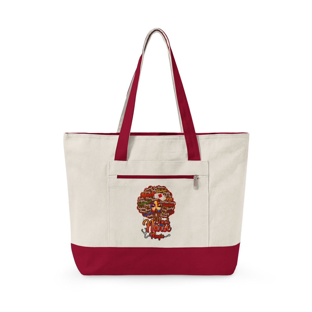 Black Nurse Magic w/Brown Afro Canvas Tote — Zippered Floral Calavera Bag