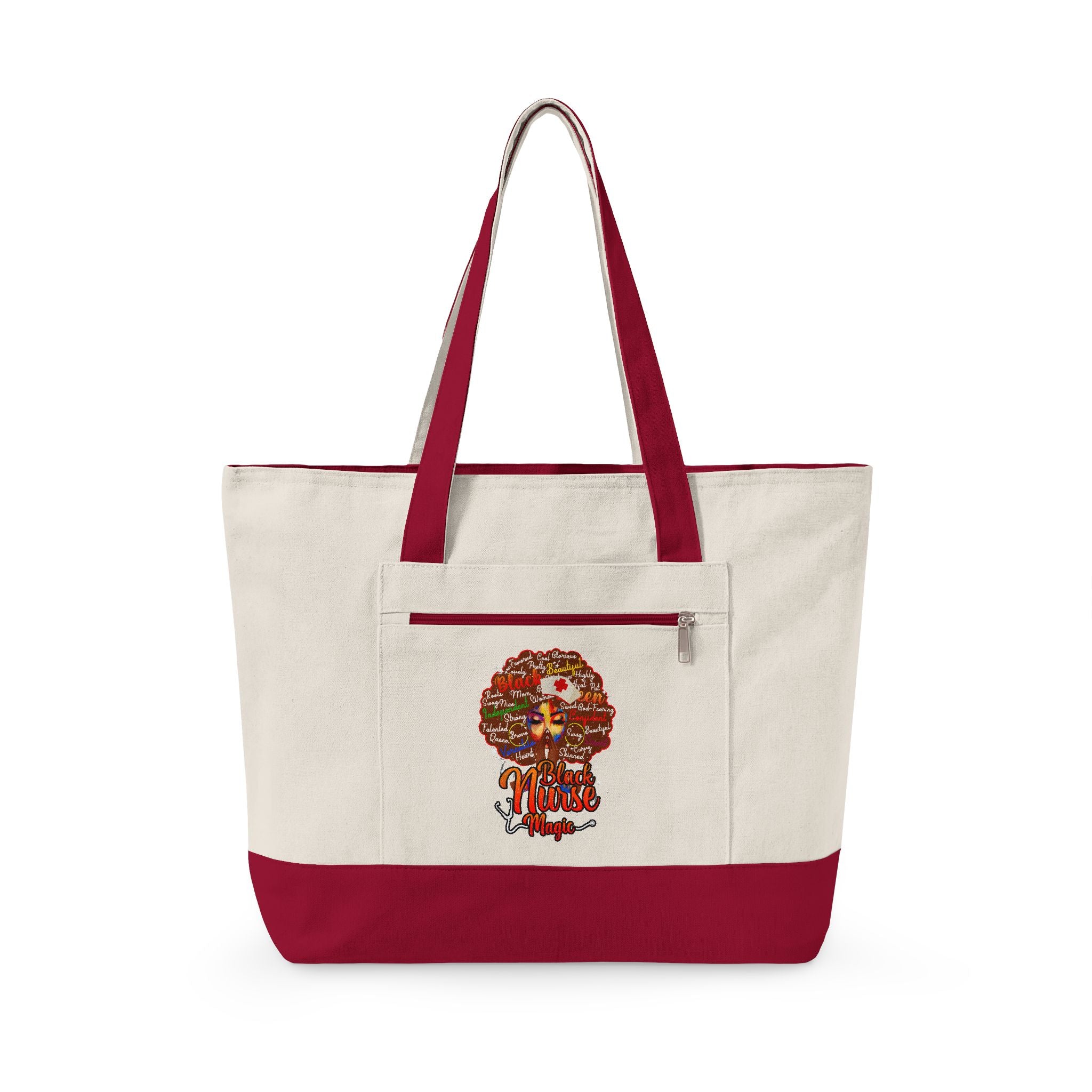 Black Nurse Magic w/Brown Afro Canvas Tote — Zippered Floral Calavera Bag