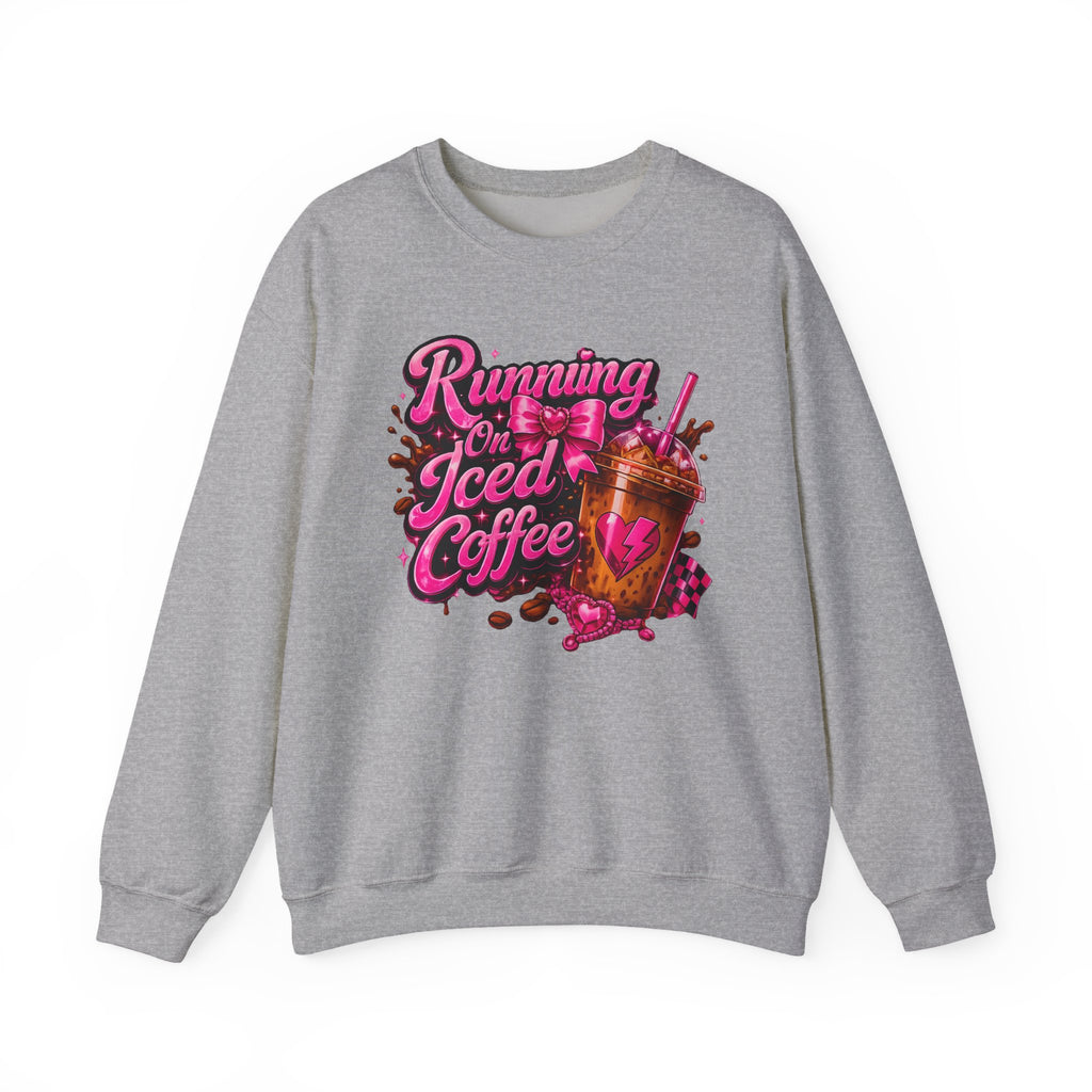 "Running On Iced Coffee" Graphic Cozy Coffee Lover — Pullover Crewneck Sweatshirt