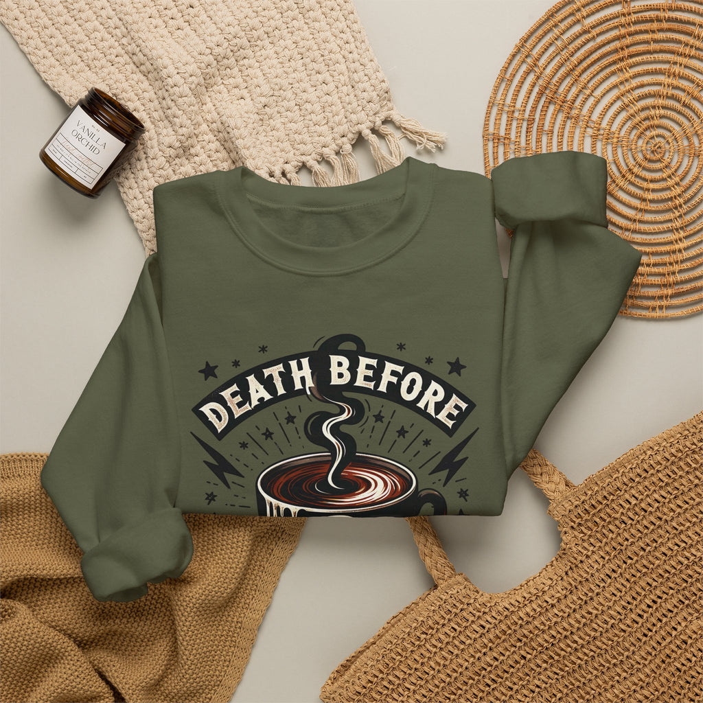 Crewneck Sweatshirt — "Death Before Decaf" Coffee Skull Graphic