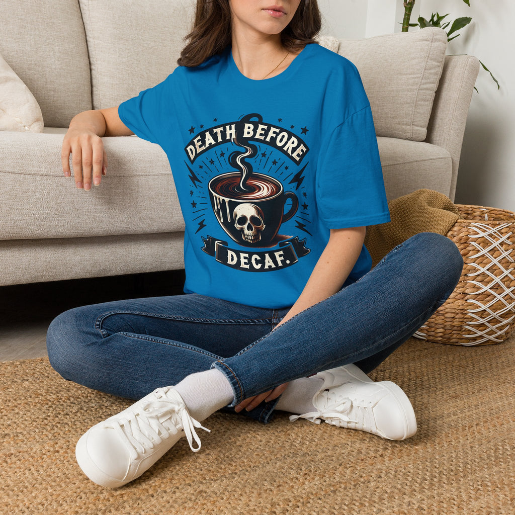 Death Before Decaf Coffee T-Shirt — Bold Skull Coffee Lover Tee